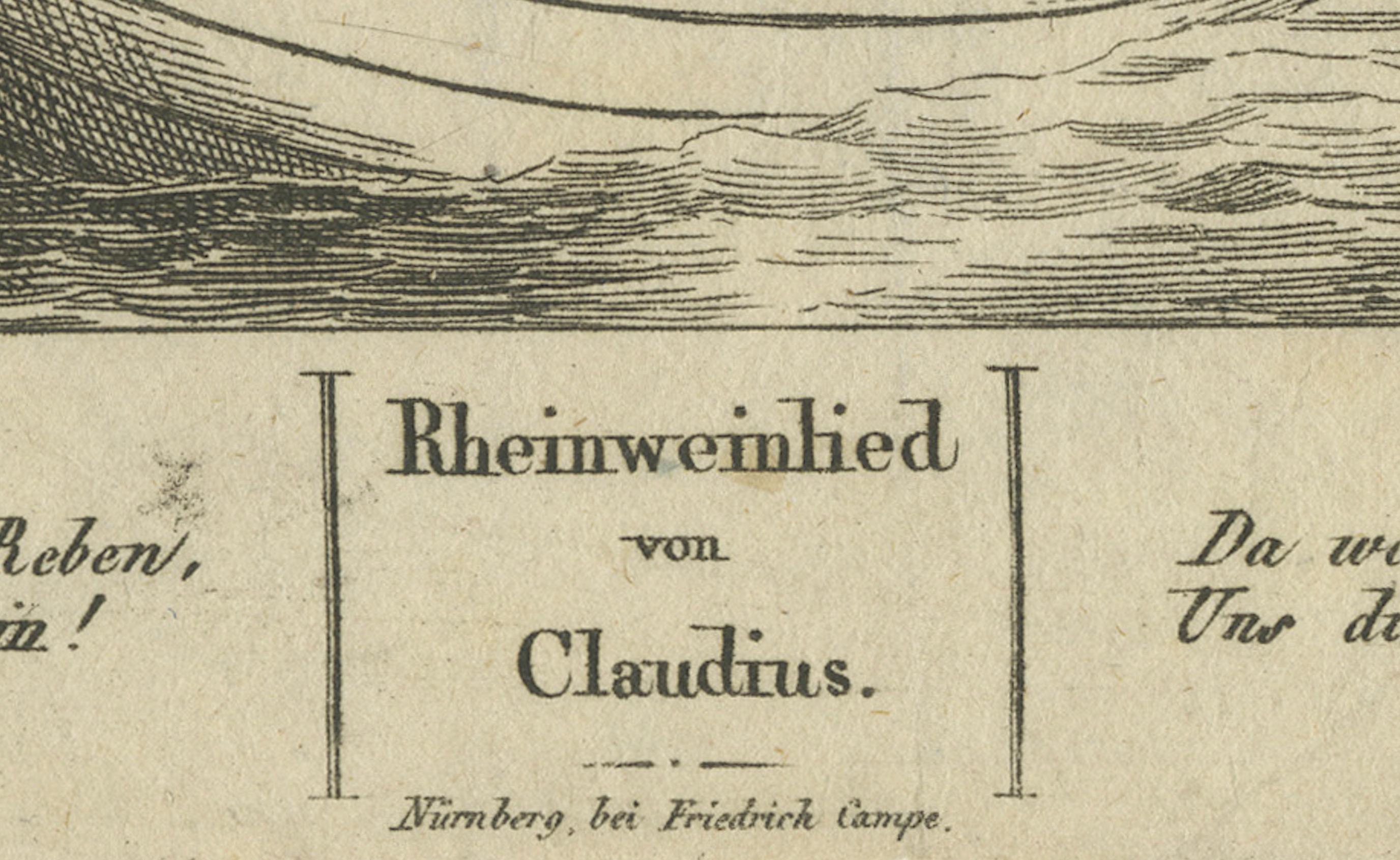 Gravur von „Rheinweinlied“ von Matthias Claudius, Festung des Rheins, um 1830 (Graviert) im Angebot