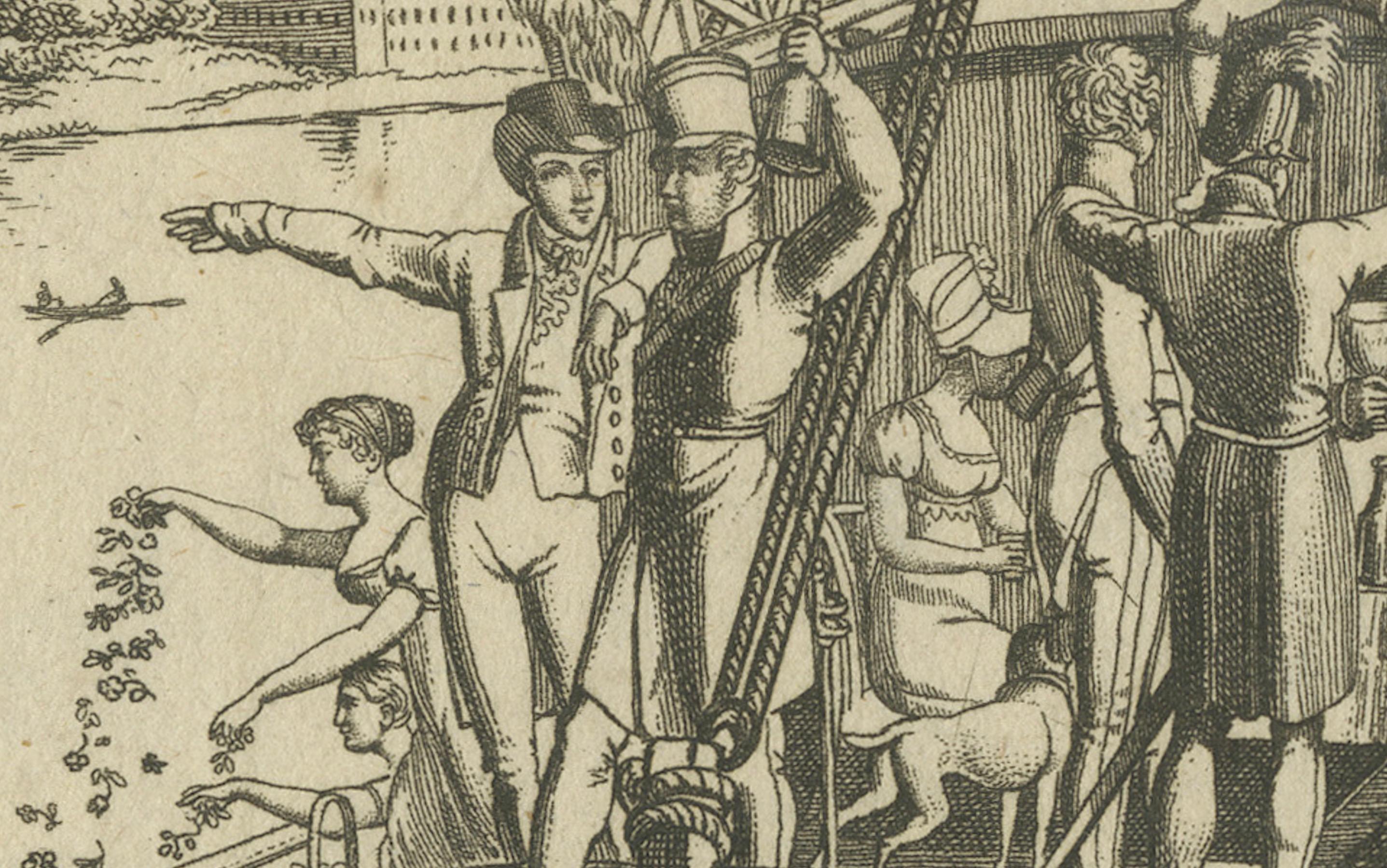 Gravur von „Rheinweinlied“ von Matthias Claudius, Festung des Rheins, um 1830 (Mittleres 19. Jahrhundert) im Angebot