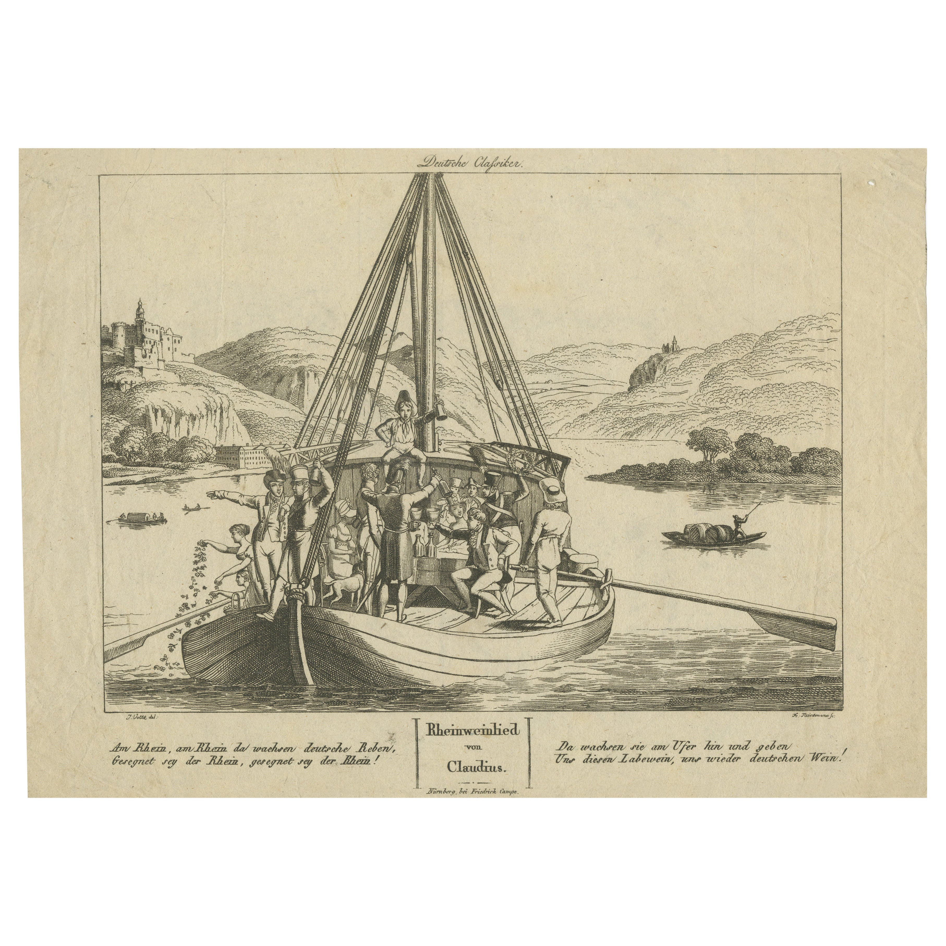 Gravur von „Rheinweinlied“ von Matthias Claudius, Festung des Rheins, um 1830 im Angebot