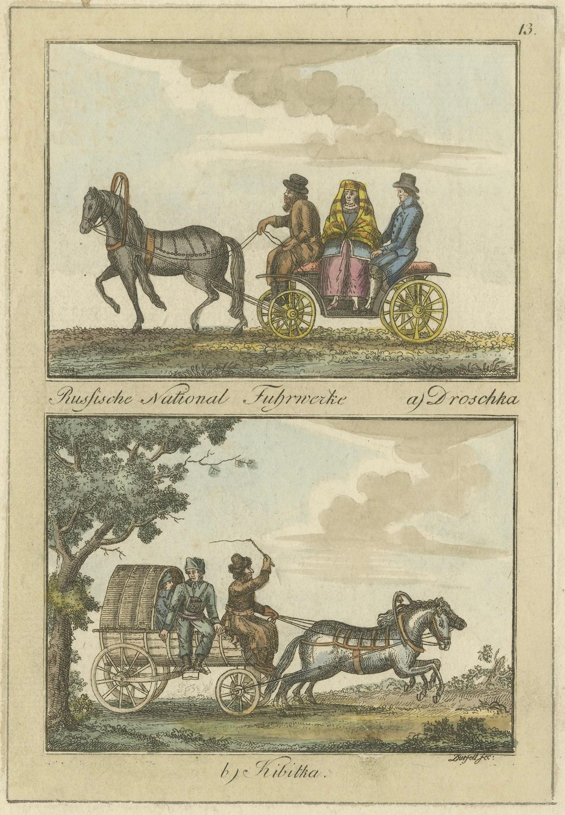 Gravé Gravure de voitures nationales russes : Droshky et Kibitka, vers 1890 en vente