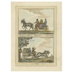 Gravure de voitures nationales russes : Droshky et Kibitka, vers 1890