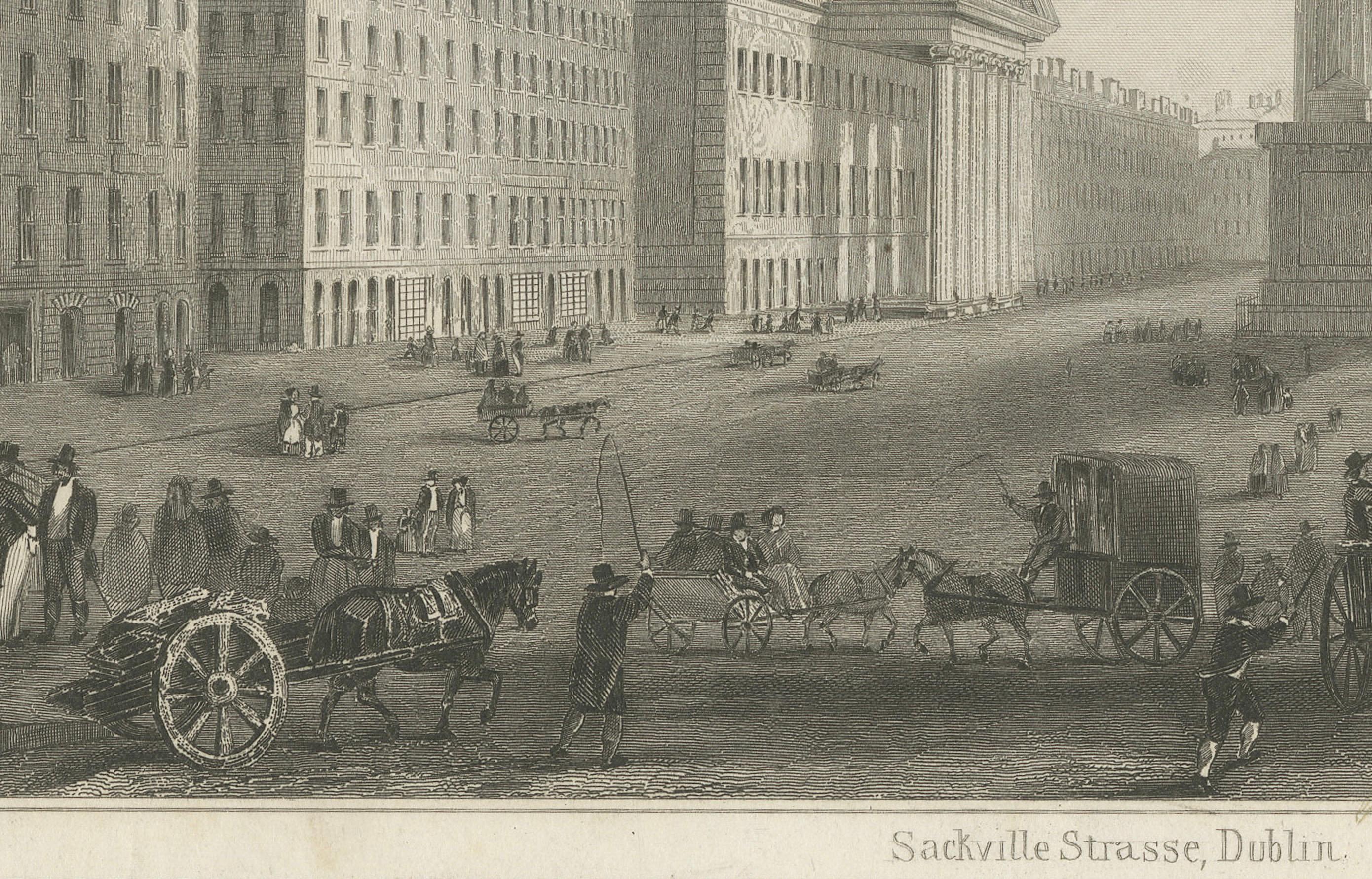 Gravure de Sackville Street et du Customs House, Dublin, vers les années 1840

Cette gravure du XIXe siècle présente deux vues importantes de Dublin, en Irlande :

1. Sackville Street (aujourd'hui O'Connell Street) : L'image du haut capture une