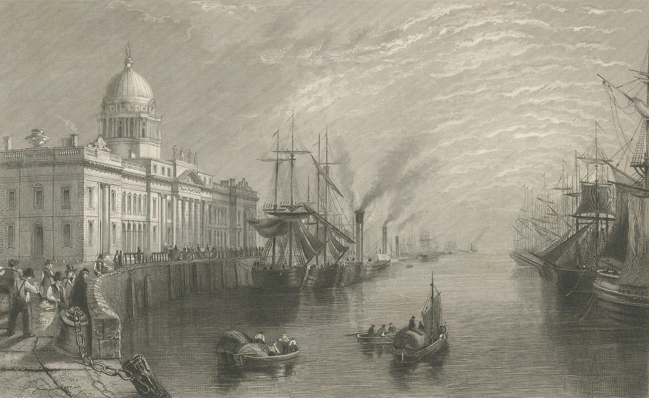Papier Gravure de Sackville Street et Customs House, Dublin, 1849 en vente
