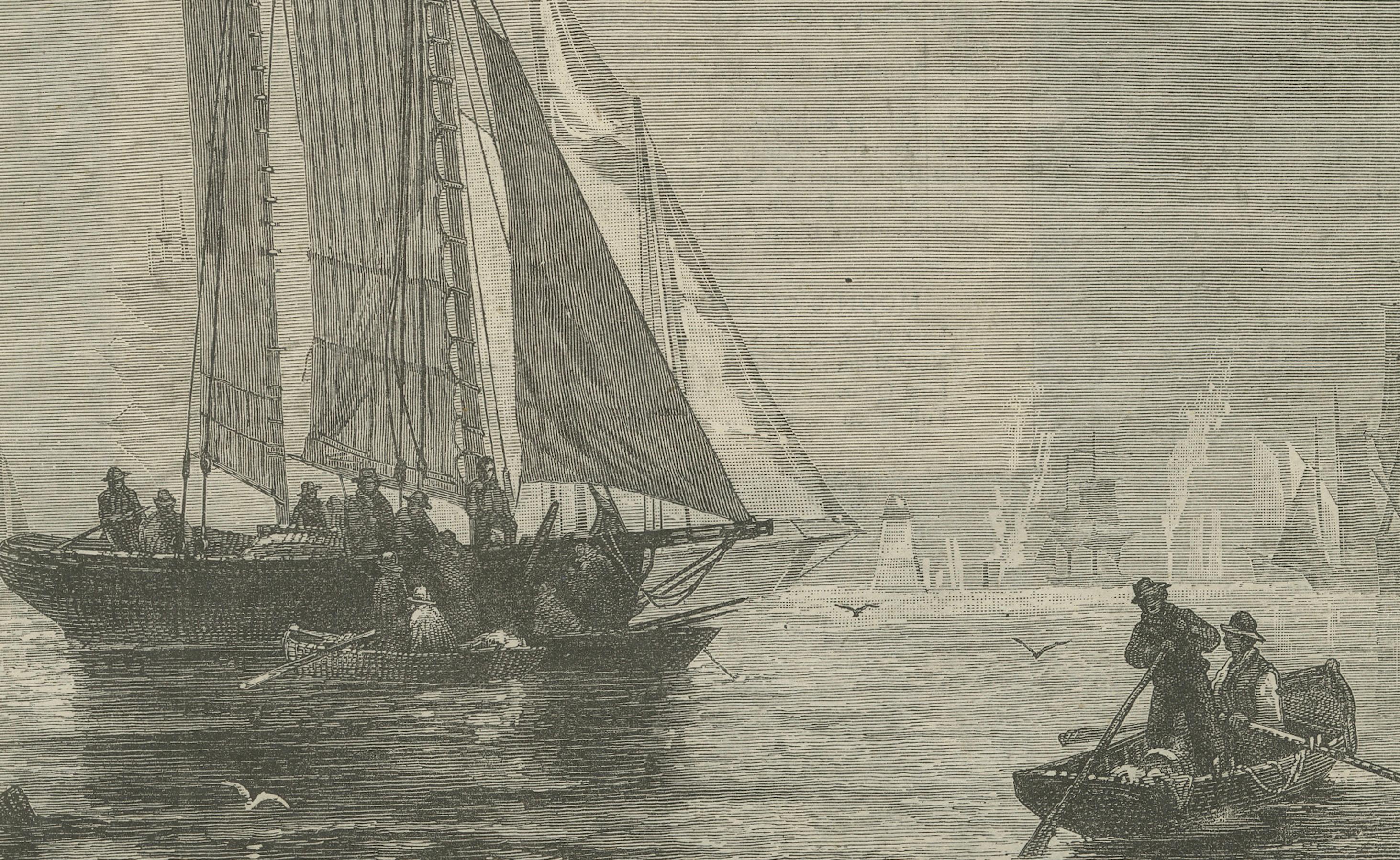 Title: 19th-Century Engraving of Sailboats in a Bustling Harbor, Possibly Victoria Harbour  

Description:  This captivating 19th-century engraving depicts a serene yet active maritime scene featuring elegant sailing vessels and a small rowboat in