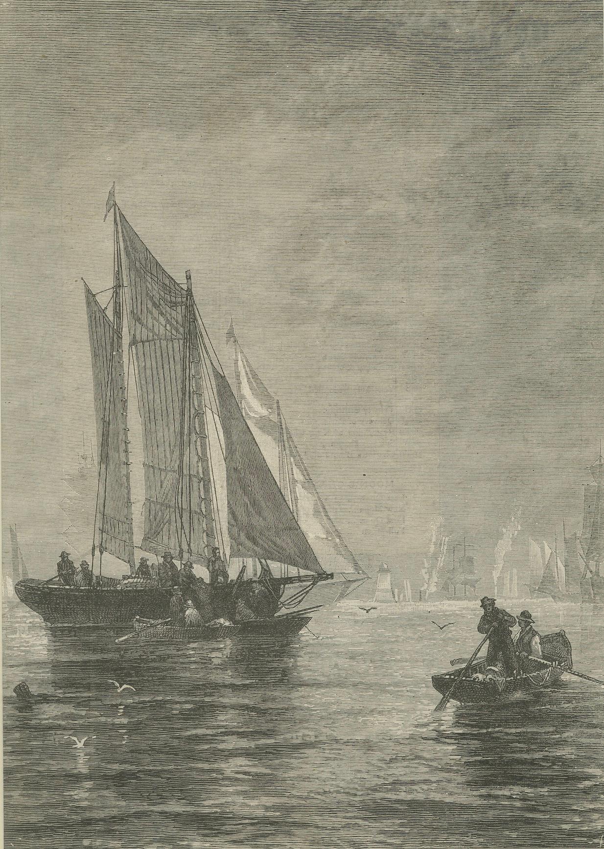 Engraved Engraving of Sailing Boats in Possibly Victoria Harbour, Hong Kong - ca.1850 For Sale