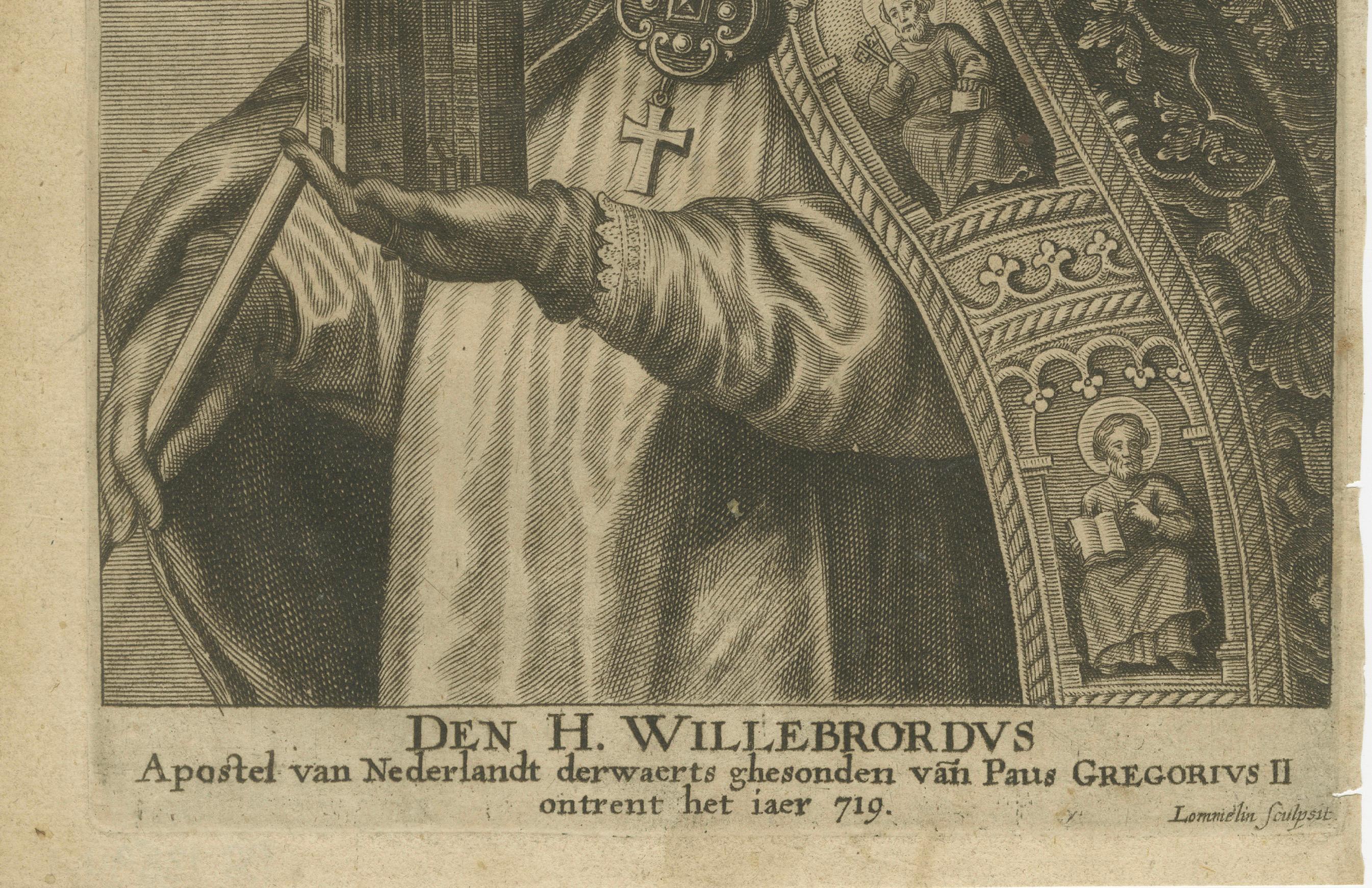 Cette gravure représente saint Willibrord (vers 658-739), missionnaire de premier plan et premier archevêque d'Utrecht, souvent considéré comme 