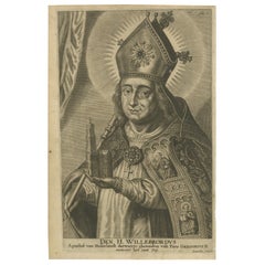 Antique Engraving of Saint Willibrord by Robert Lommelin – Apostle to the Frisians, 1667