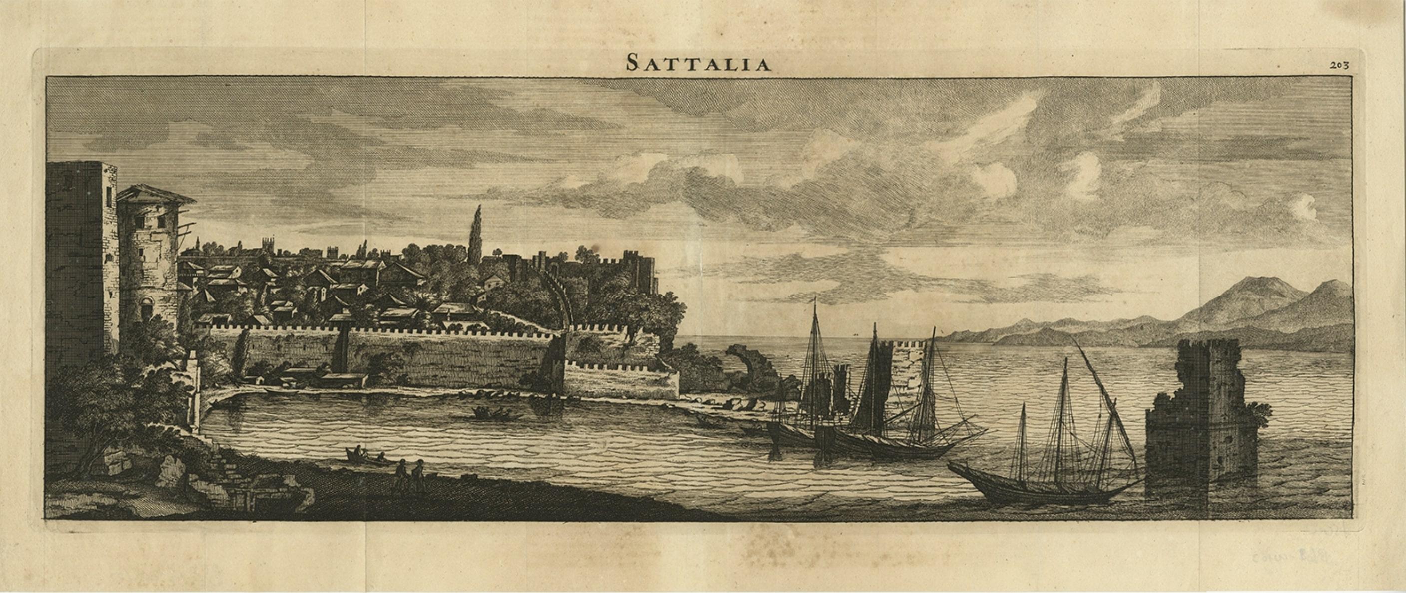 Description: Antique print Turkey titled 'Sattalia'. Beautiful view of Sattalia. Sattalia was one of the most important cities of the Ottoman Empire. Originates from 'Reizen van Cornelis de Bruyn (..)'. 

Artists and Engravers: Cornelis de Bruijn