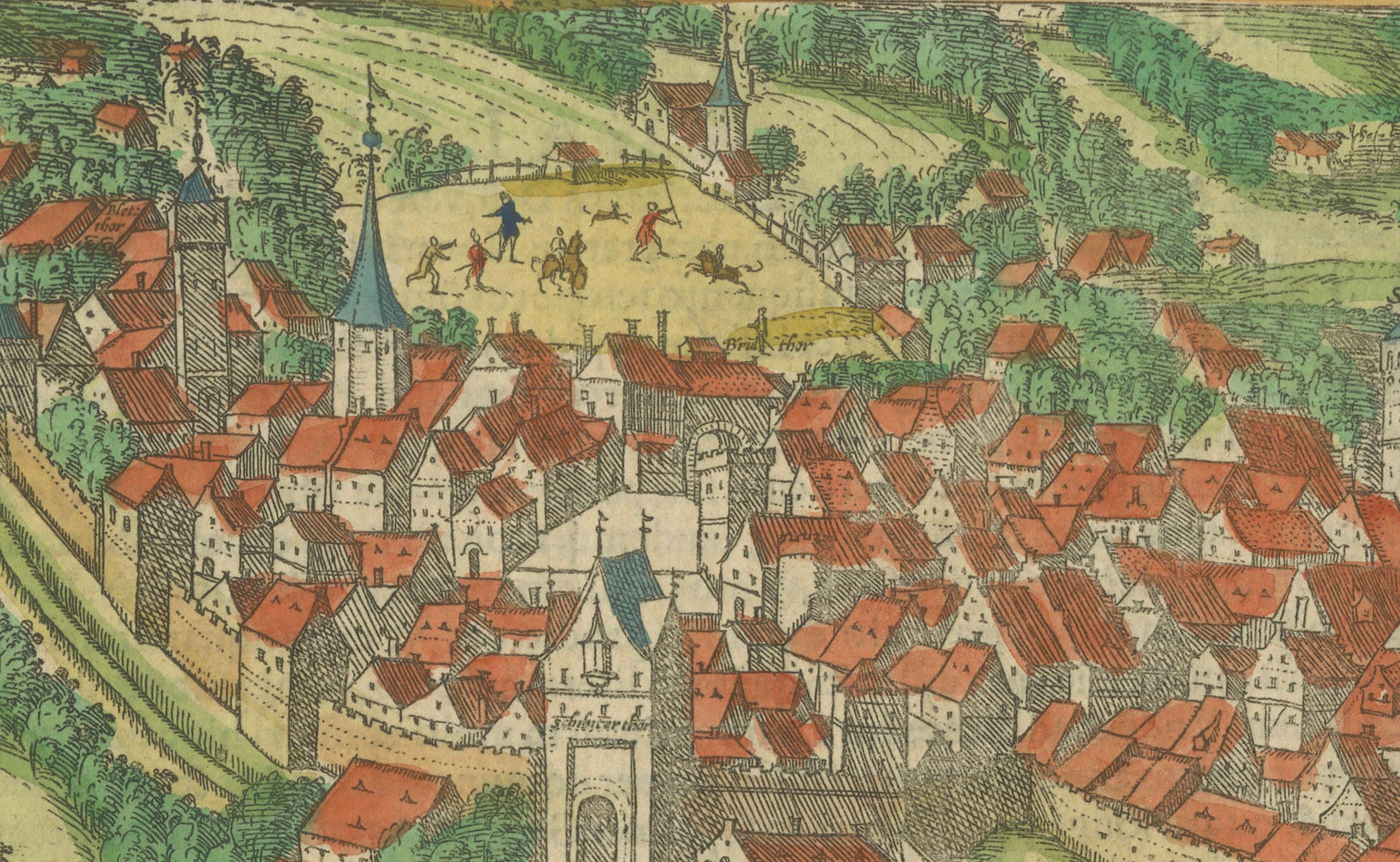 Gravur von St. Gallen und seiner Monasterie, aus dem Civitates Orbis Terrarum (1575) im Zustand „Gut“ im Angebot in Langweer, NL