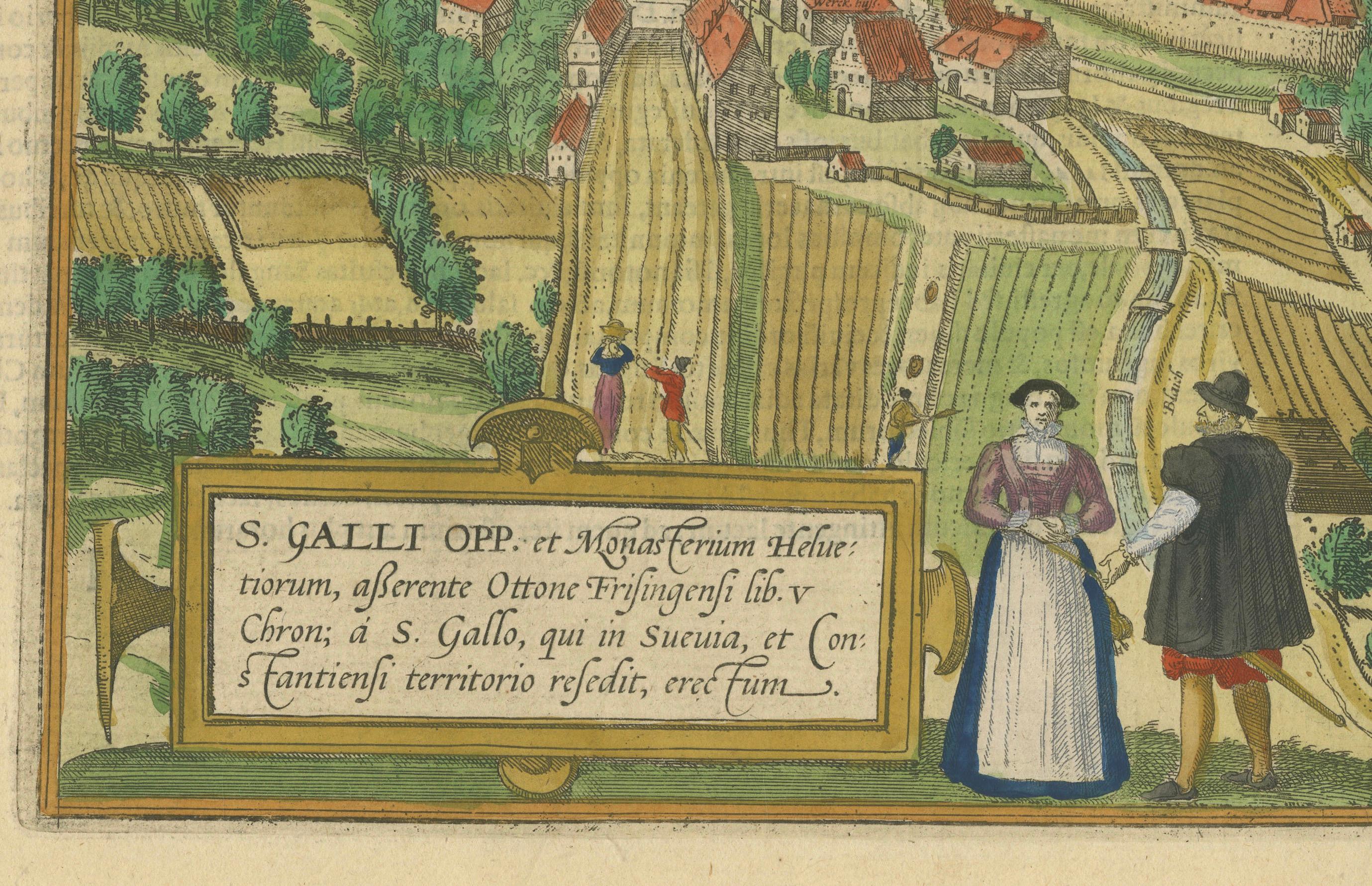 Gravur von St. Gallen und seiner Monasterie, aus dem Civitates Orbis Terrarum (1575) (18. Jahrhundert und früher) im Angebot