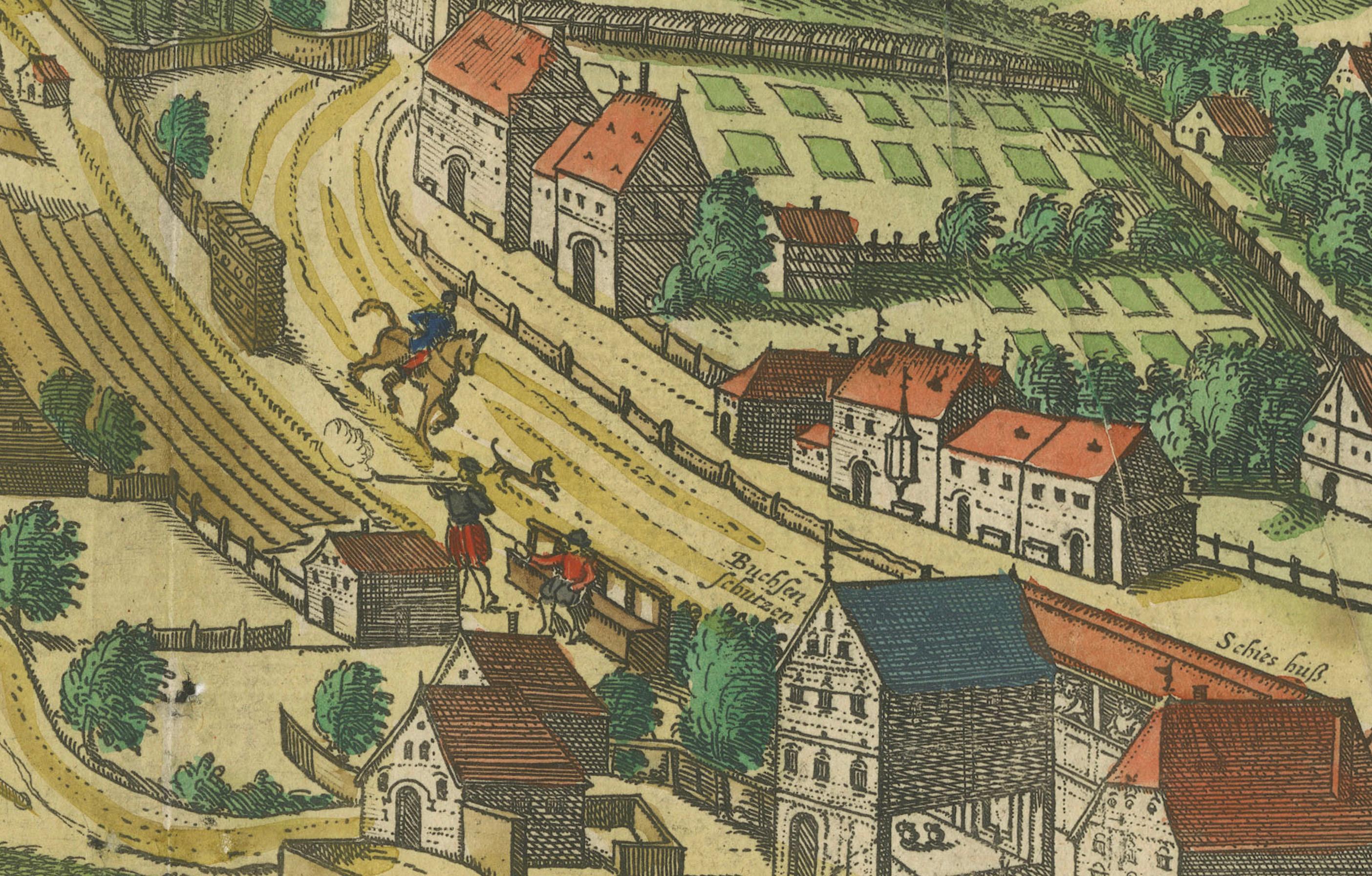 Gravur von St. Gallen und seiner Monasterie, aus dem Civitates Orbis Terrarum (1575) (Papier) im Angebot