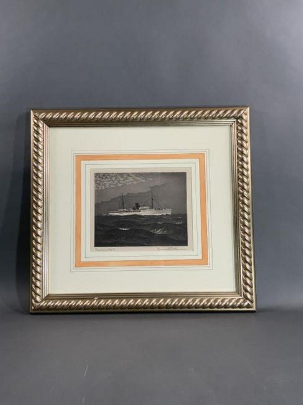 Signed engraving by Burnell Poole showing the private Steam yacht Nourmahal. This was Vincent Astors Yacht, built in Germany in 1928. The elegant yacht has a great history. Signed lower right. Weight is 8 pounds. 21