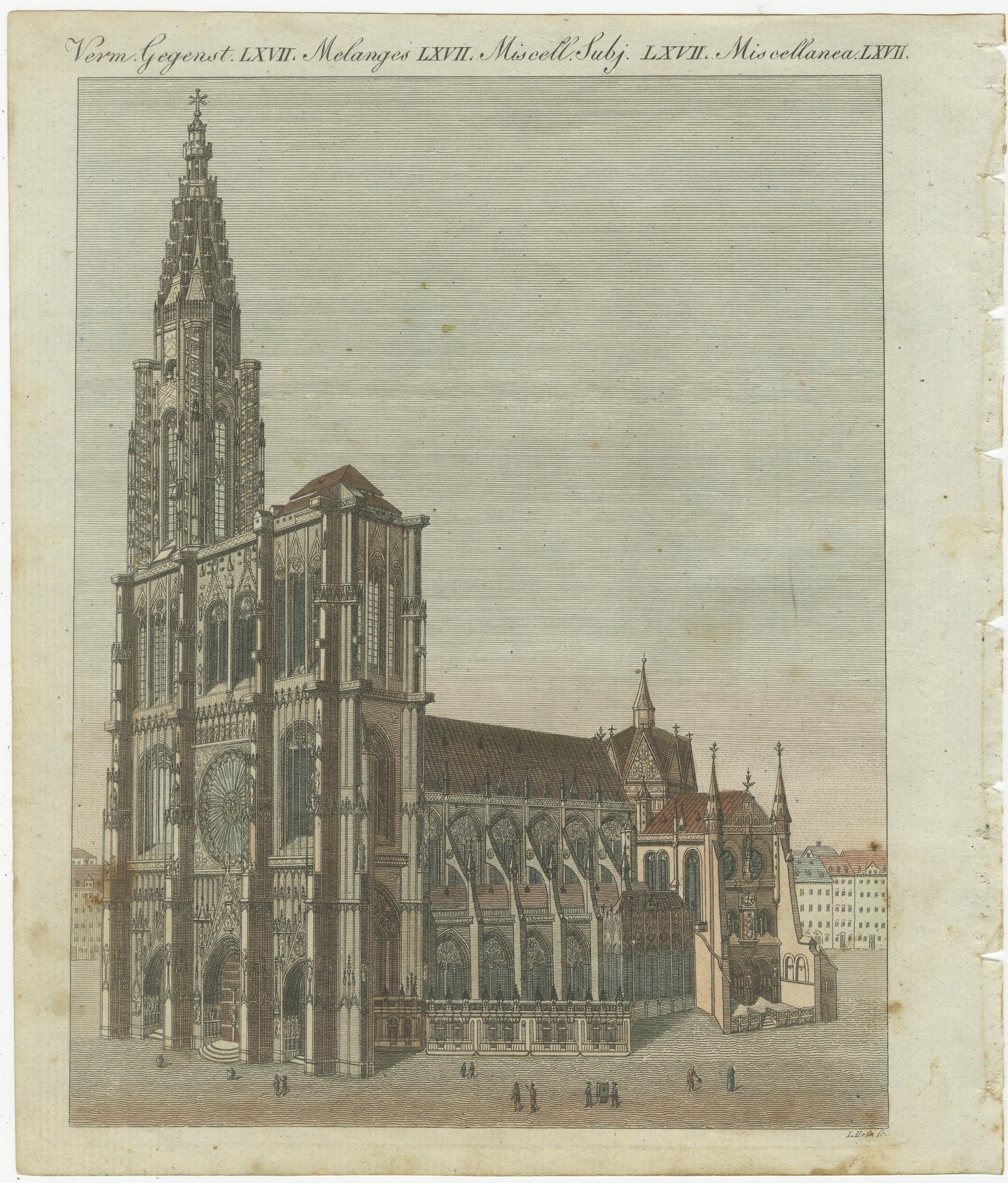 Title: Engraving of Strasbourg Cathedral, Gothic Masterpiece in Alsace, 1805

This finely detailed hand-colored copperplate engraving depicts the Strasbourg Cathedral (*Cathédrale Notre-Dame de Strasbourg*), a Gothic architectural wonder located in