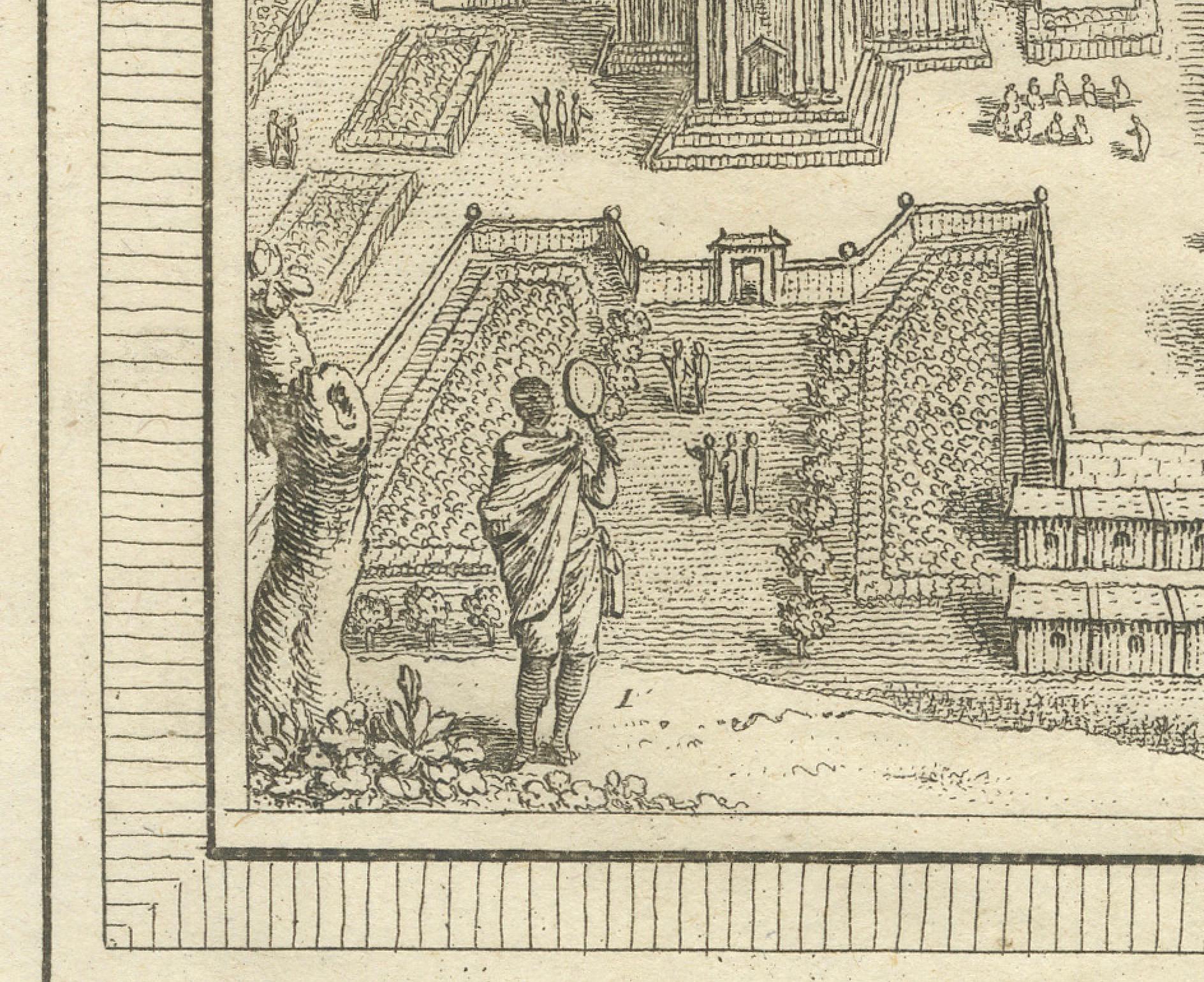 An original antique engraving of two Buddhist temples in Thailand, also known as Siam historically. 

The upper part of the engraving is labeled 