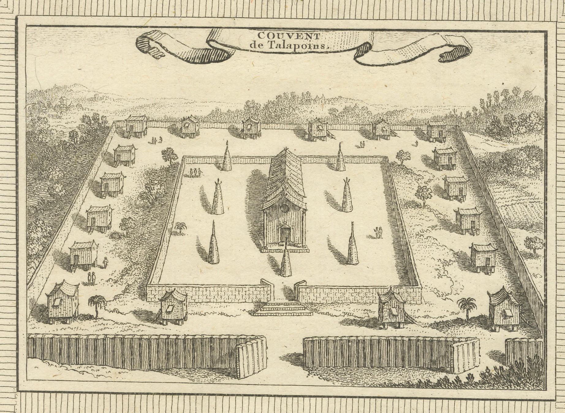  Engraving of Thai Buddhist Temple and Monastery in Ayutthaya, Siam, 1751 In Good Condition For Sale In Langweer, NL