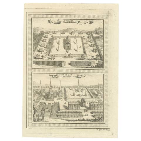 Engraving of Thai Buddhist Temple and Monastery in Ayutthaya, Siam, 1751