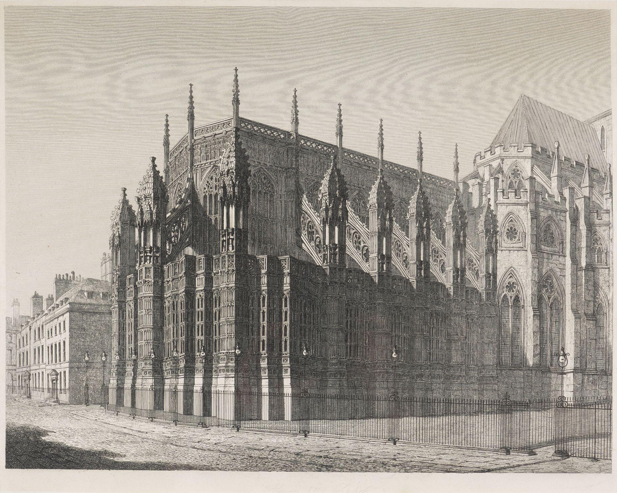 Kupferstich, gedruckt auf Bütten, der das Äußere der Kapelle von Henry VII. in der Westminster Abbey in London, England, zeigt. Gestochen und gedruckt im Jahr 1820. Schwache Handschrift in Graphit in der Mitte des unteren Randes. Auf