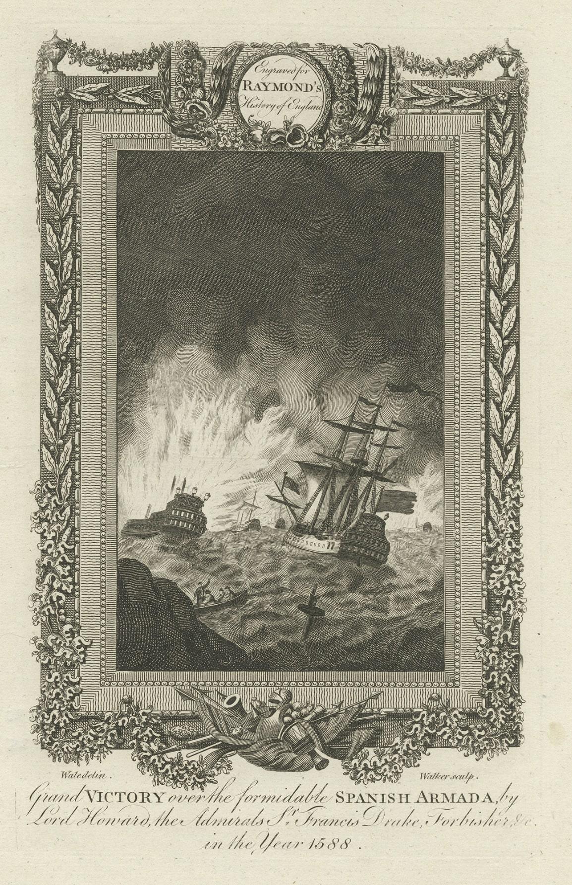 Engraving of the British Victory over the Spanish Armada in 1588, Published 1787 In Good Condition For Sale In Langweer, NL