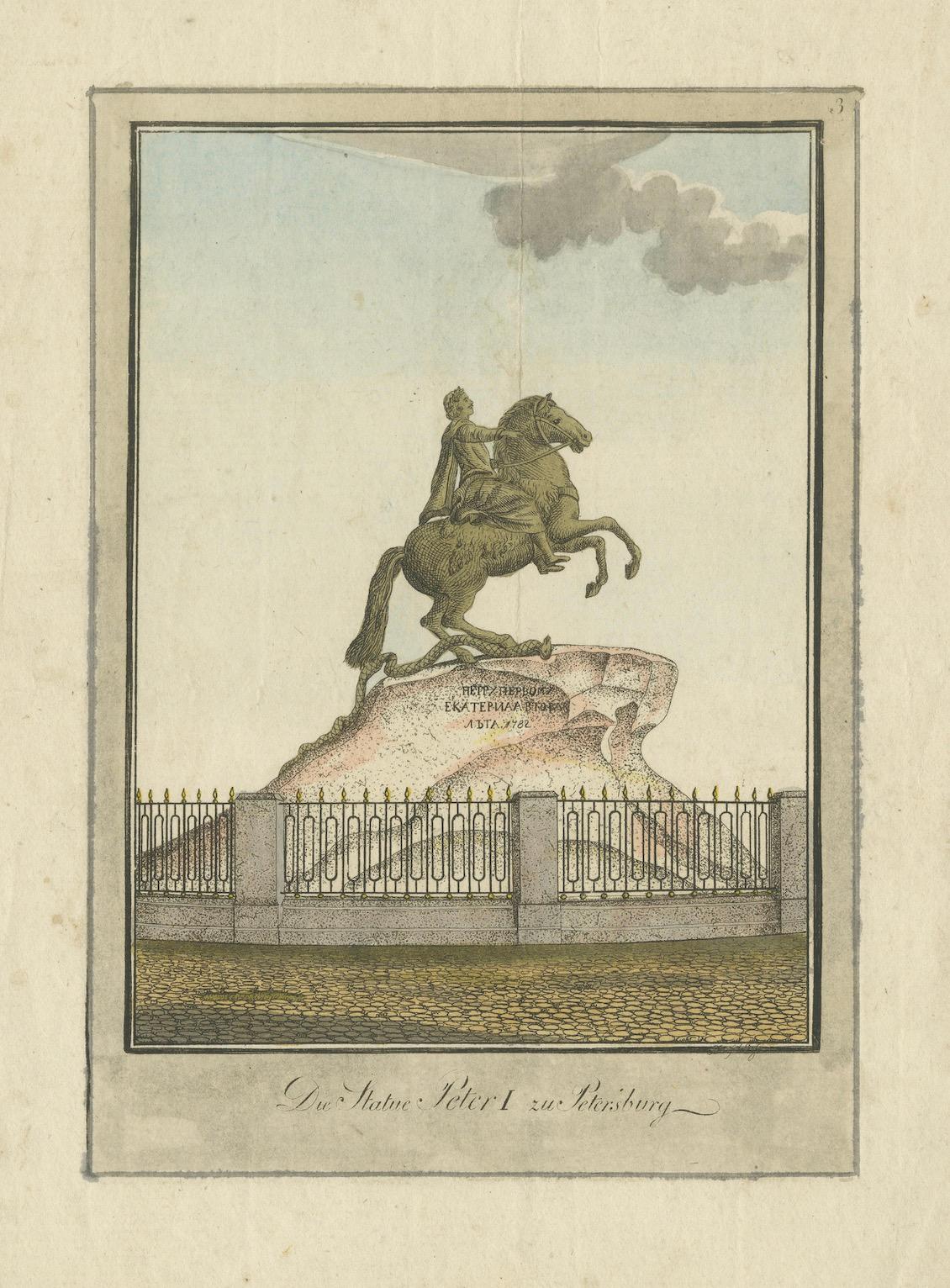 Engraving of the Bronze Horseman Statue of Peter the Great, St. Petersburg, 1890 In Good Condition For Sale In Langweer, NL