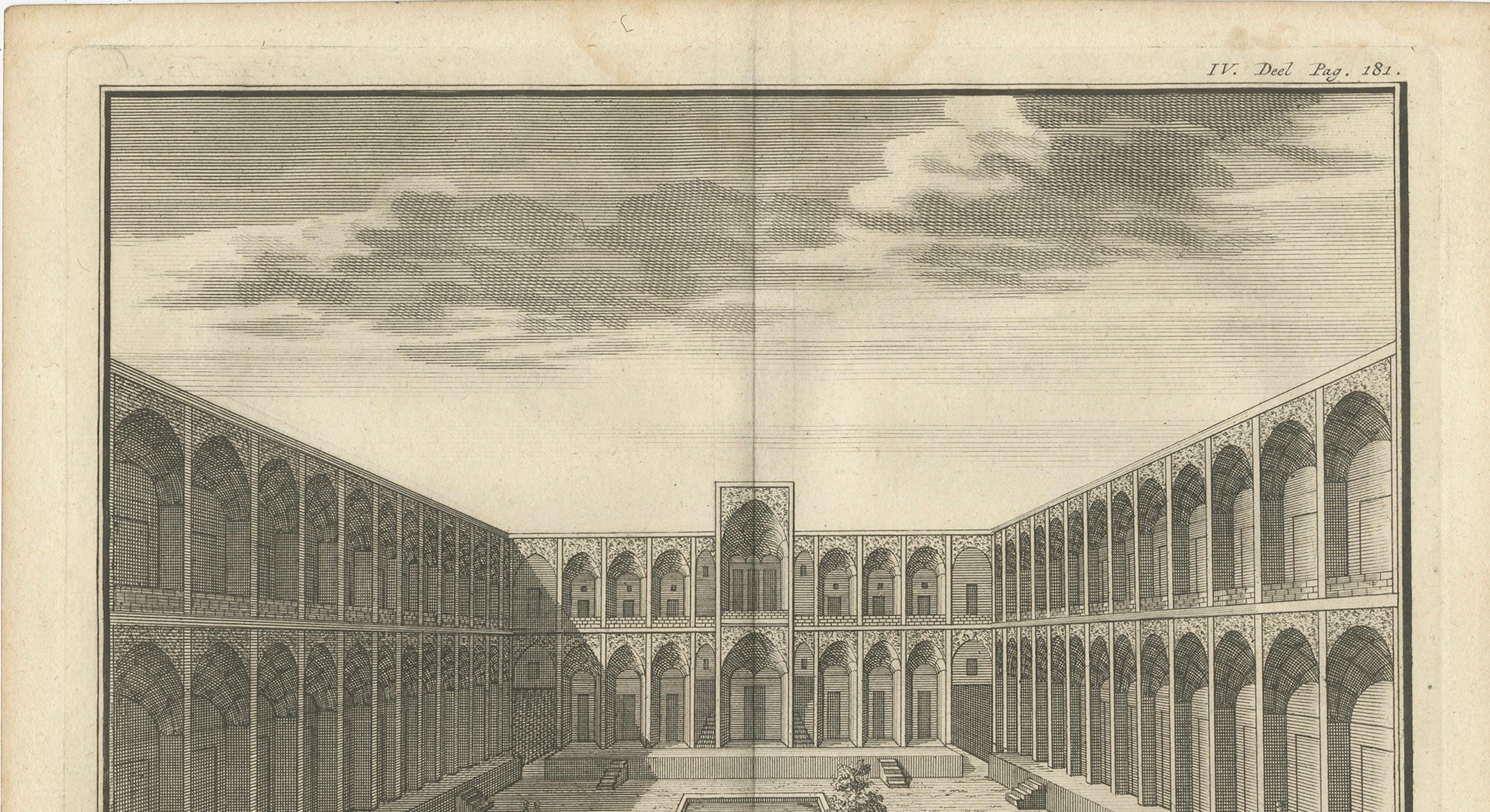 Grabado del Caravasar de Cachan - Vista holandesa del siglo XVIII de la arquitectura persa

Este fino grabado arquitectónico representa 