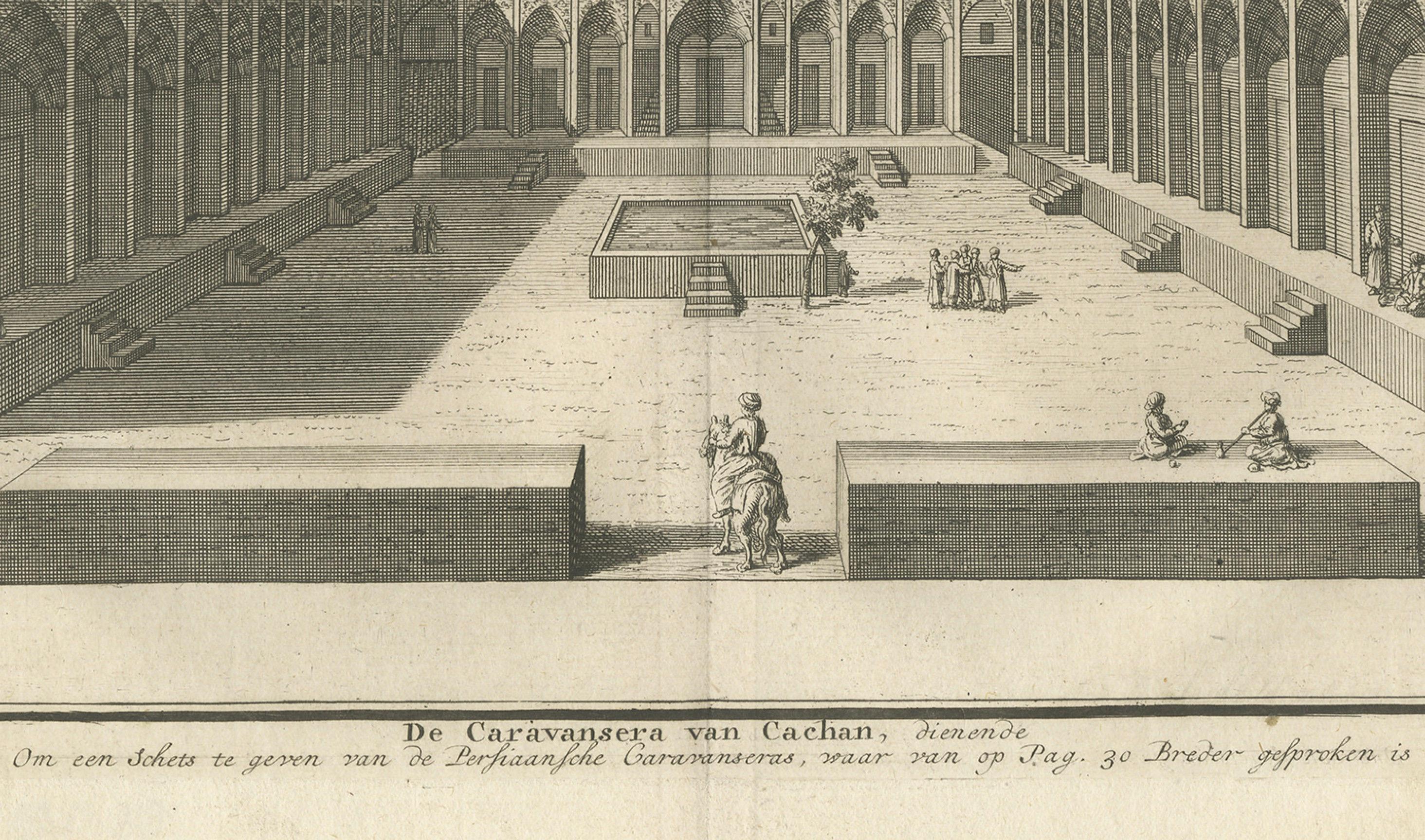 Grabado del Caravasar de Cachan - Vista holandesa de la arquitectura persa Holandés en venta