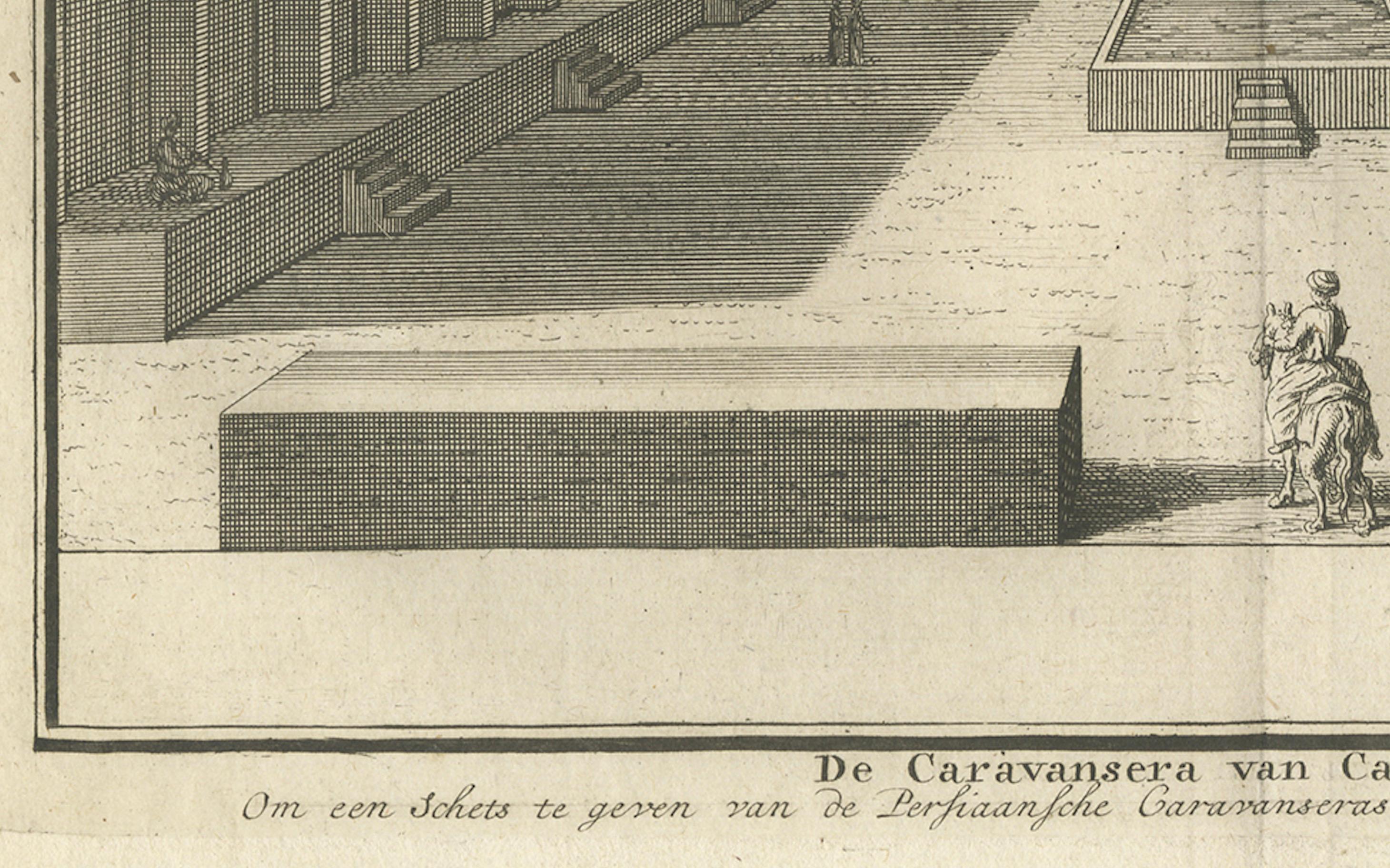 Grabado del Caravasar de Cachan - Vista holandesa de la arquitectura persa en Bueno estado para la venta en Langweer, NL
