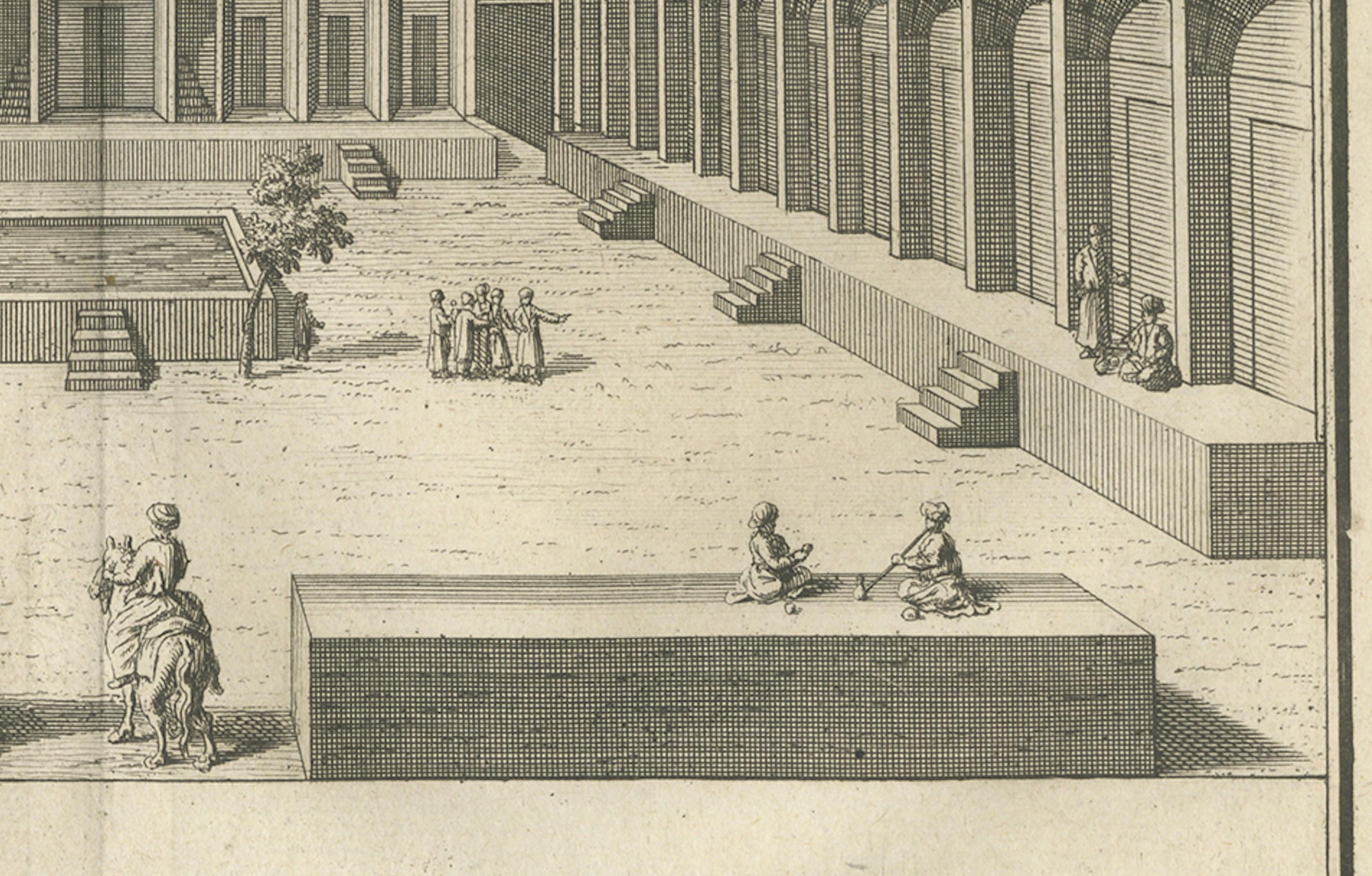 Grabado del Caravasar de Cachan - Vista holandesa de la arquitectura persa mediados del siglo XVIII en venta