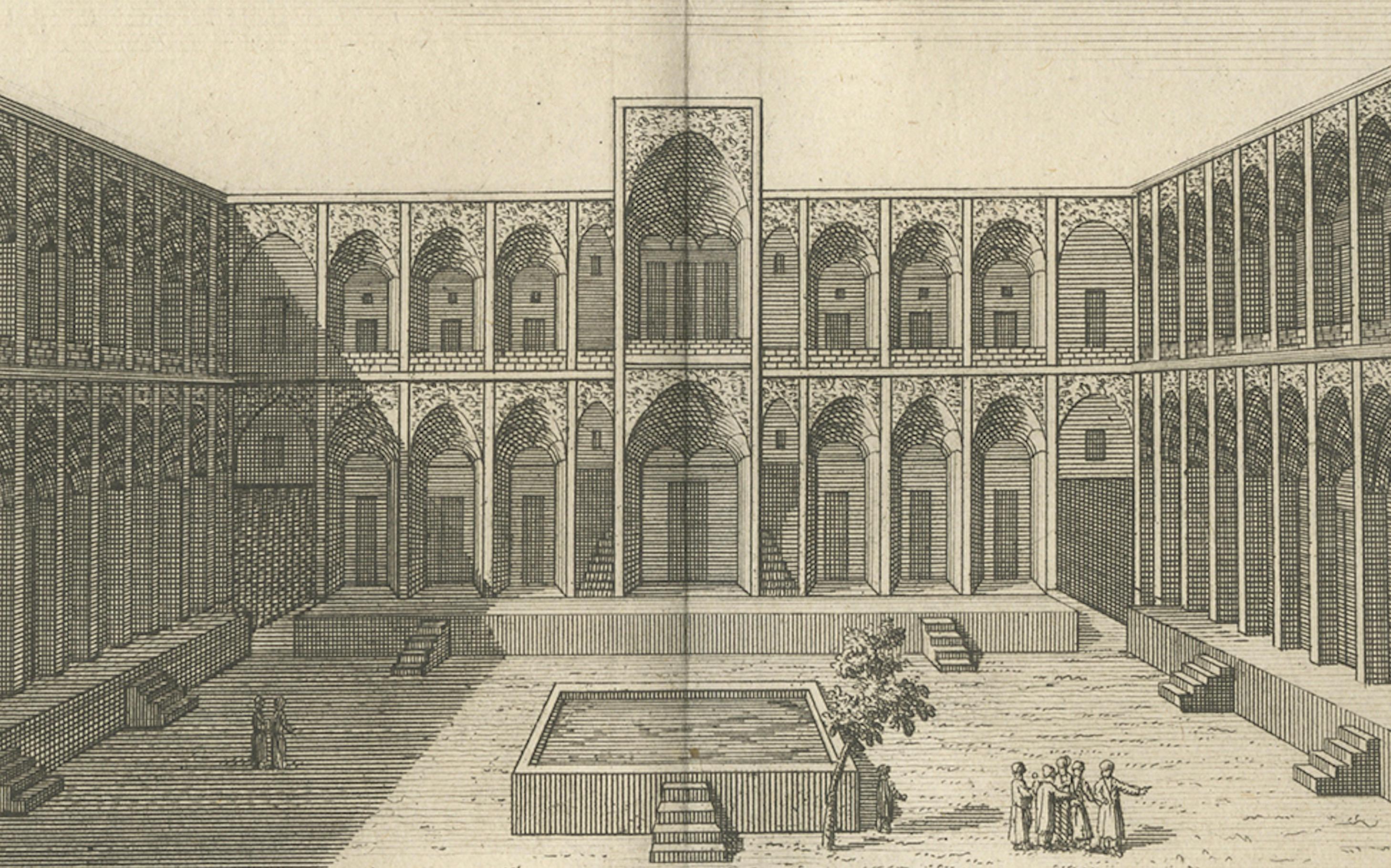 Grabado del Caravasar de Cachan - Vista holandesa de la arquitectura persa Papel en venta