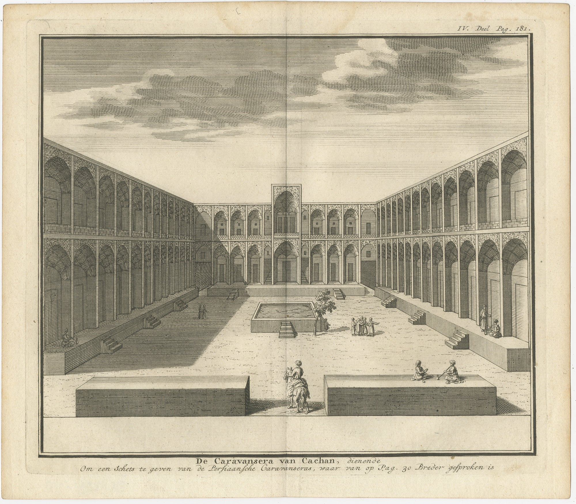 Gravure du caravansérail de Cachan - Vue hollandaise de l'architecture persane en vente