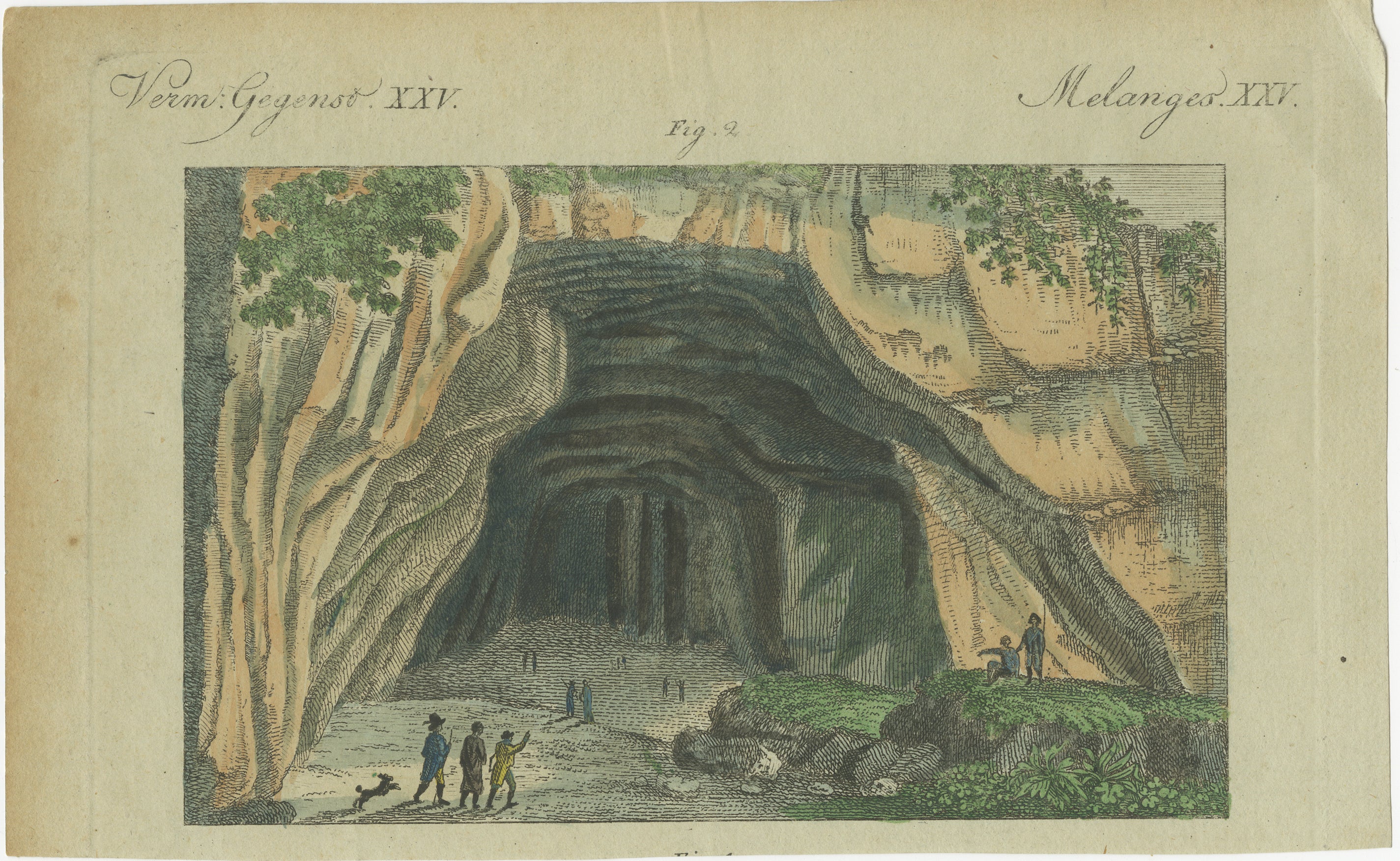 Grabado de la cueva donde se encontró el primer reptil prehistórico gigante, 1798 en Bueno estado para la venta en Langweer, NL