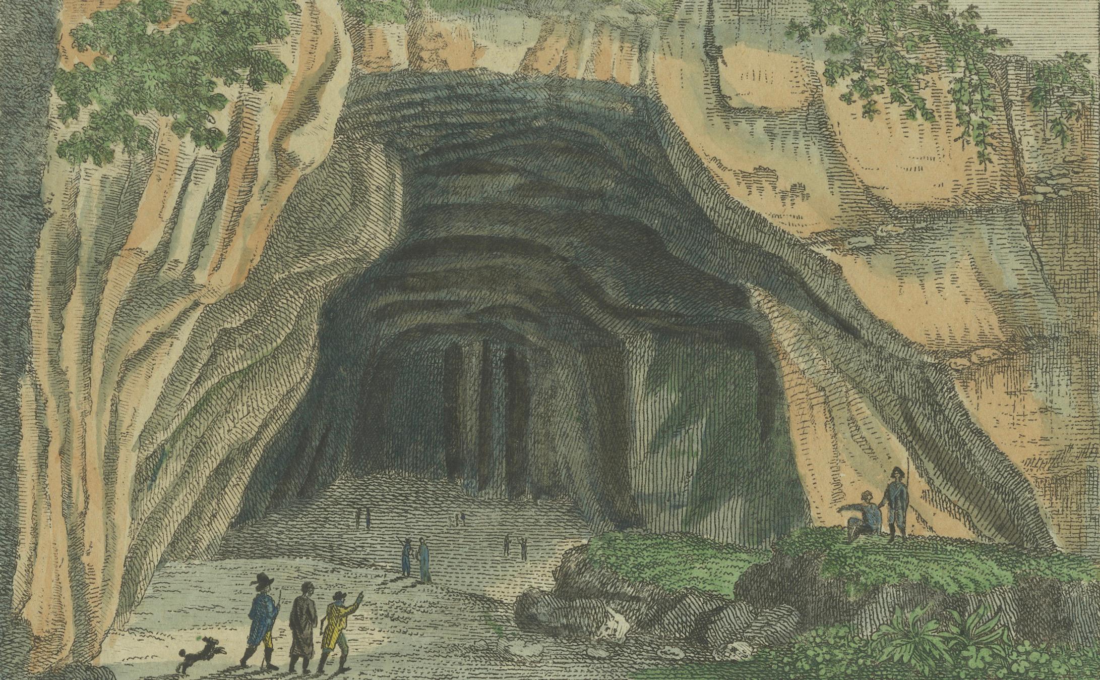 Grabado de la cueva donde se encontró el primer reptil prehistórico gigante, 1798 finales del siglo XVIII en venta