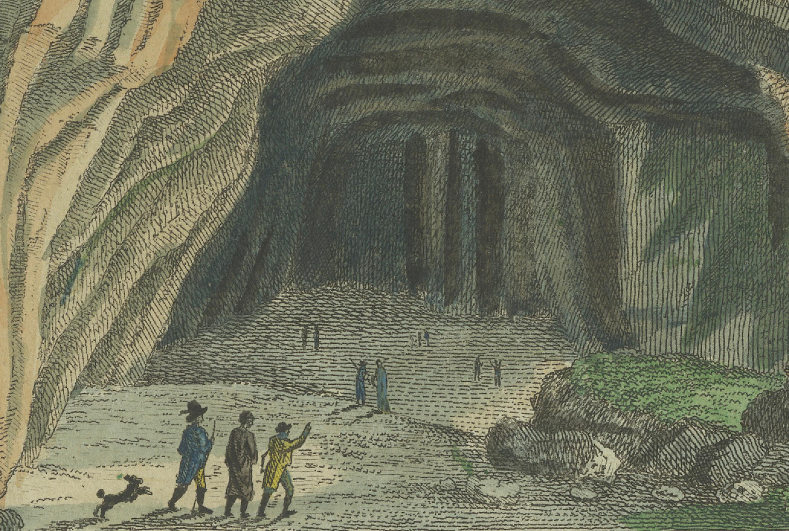 Grabado de la cueva donde se encontró el primer reptil prehistórico gigante, 1798 Papel en venta