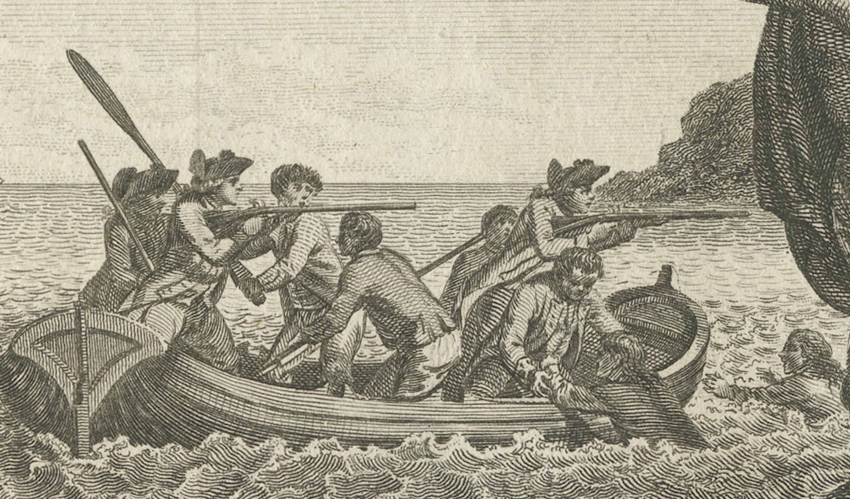 Engraving of The Death of Captain James Cook at Kealakekua Bay, Hawaii, 1784 In Good Condition For Sale In Langweer, NL