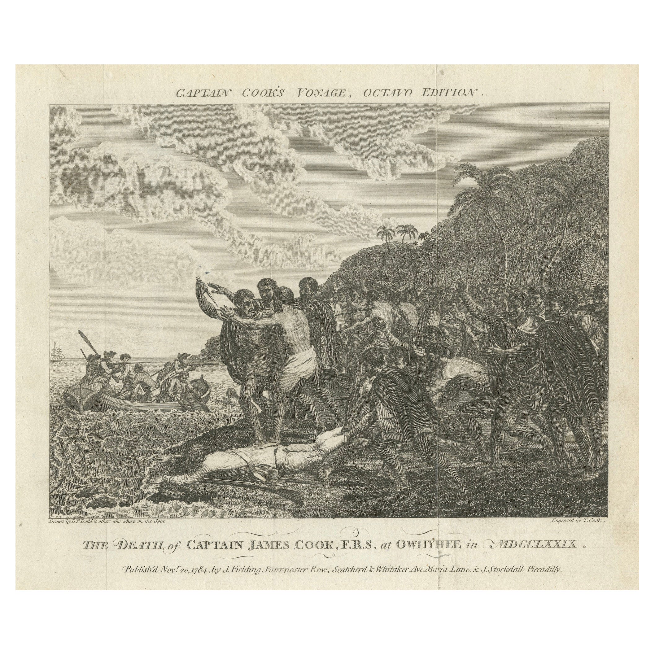 Gravur des Todes von Kapitän James Cook in der Kealakekua Bay, Hawaii, 1784