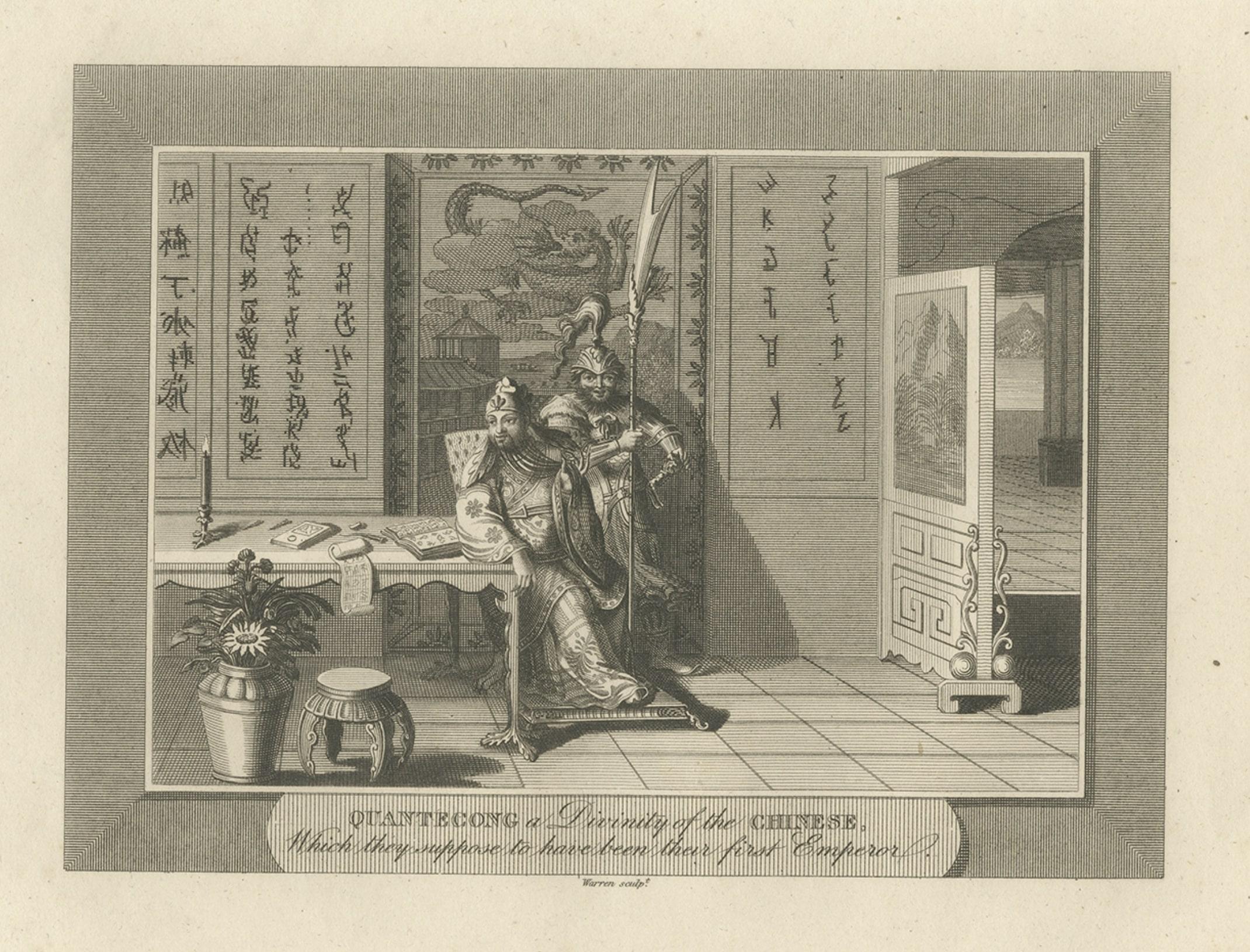 Antique print titled 'Quantecong, a divinity of the Chinese, which they suppose to have been their first Emperor'. 

Engraving of the deity Quante-Cong (or Shangdi), first ruler of China. This print originates from 'The World: or the Present State