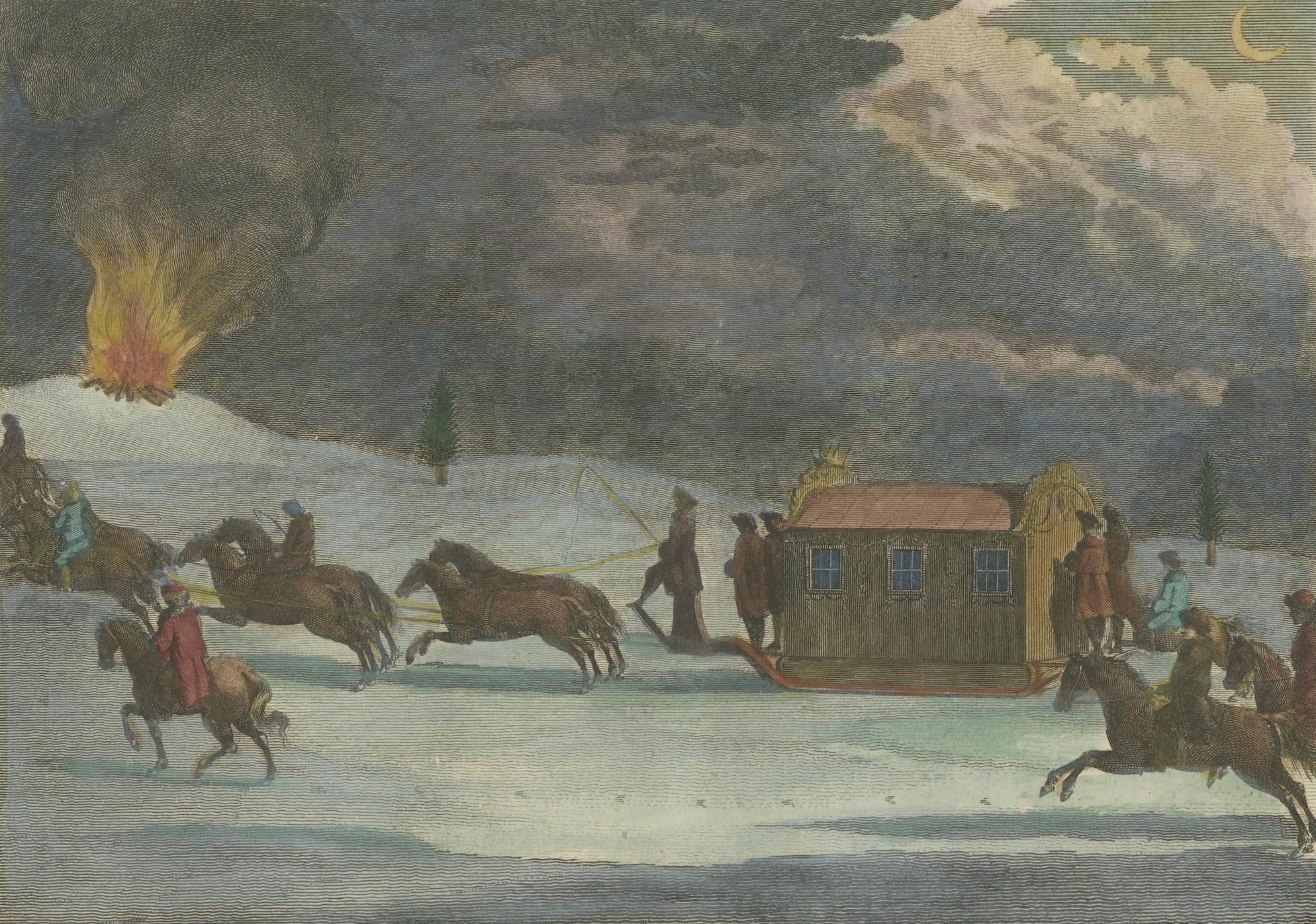 Gravur der Kaiserin des russischen Nachtzuges inmitten derruption, 1784 (Papier) im Angebot