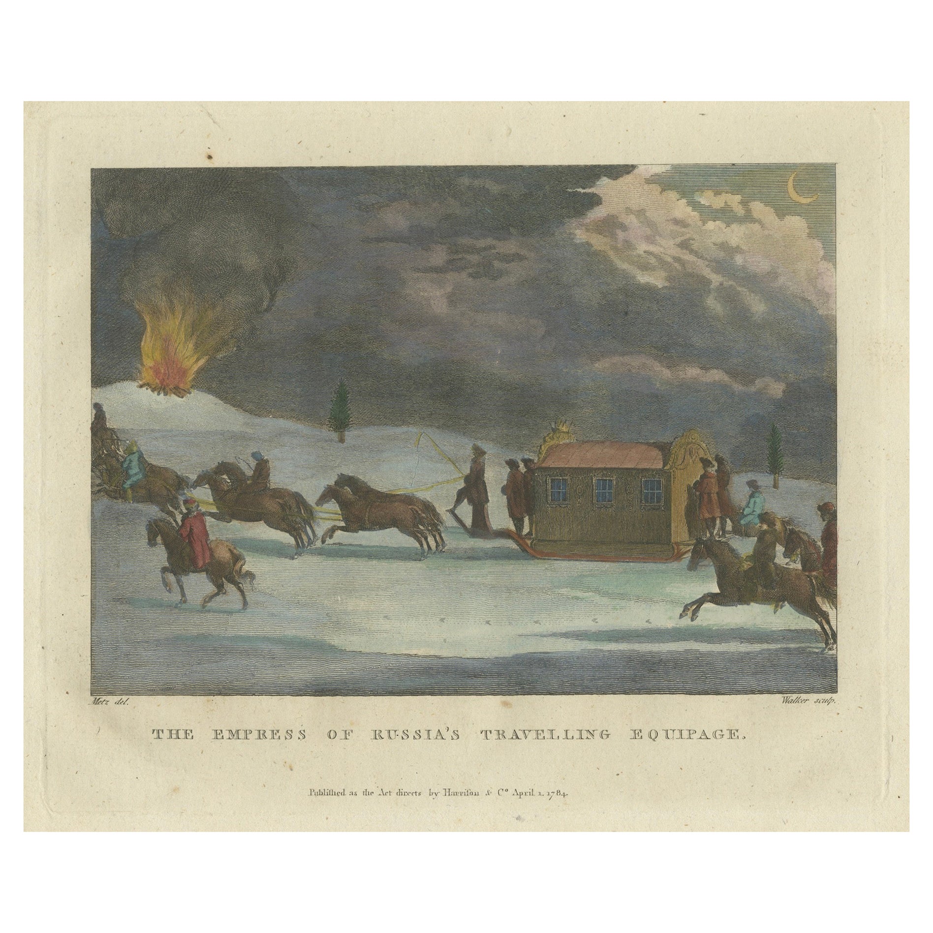 Gravur der Kaiserin des russischen Nachtzuges inmitten derruption, 1784 im Angebot