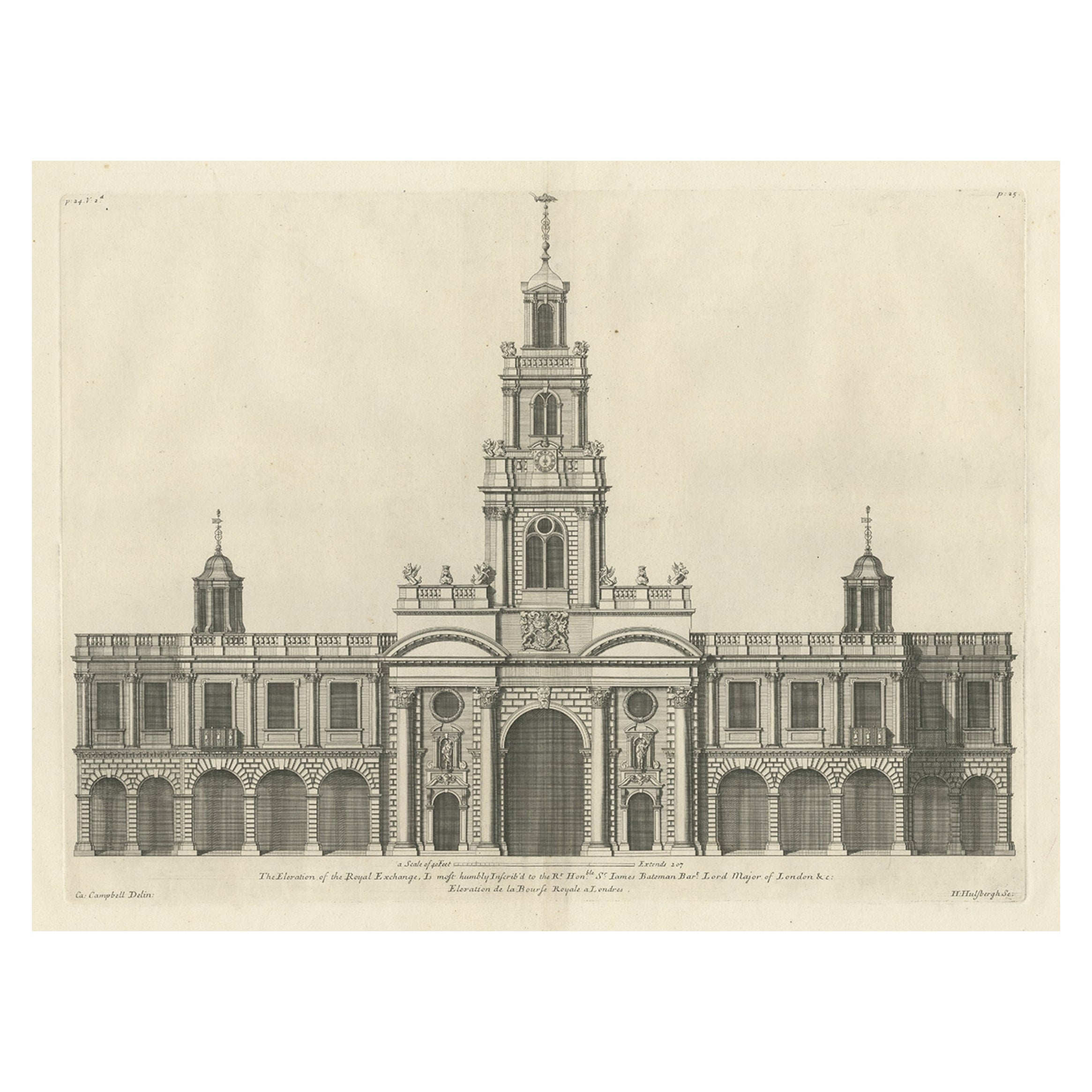 Incisione della facciata d'ingresso del Royal Exchange, Cornhill, Londra, 1725 in vendita