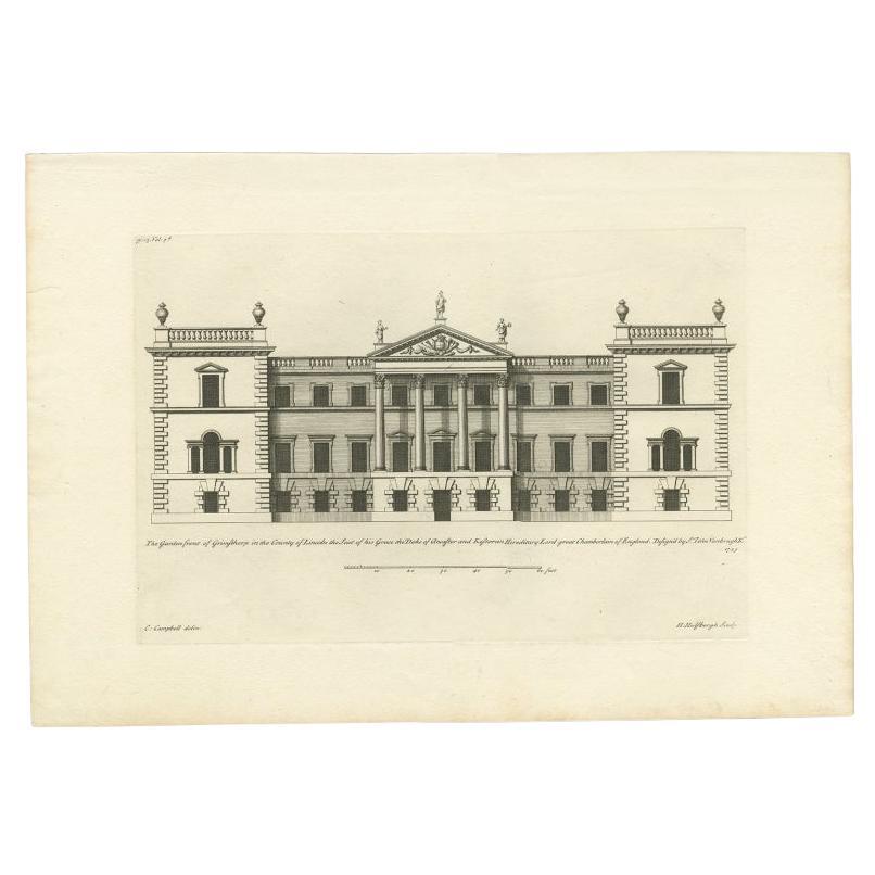 Antique print titled 'The Garden front of Grimsthorp in the County of Lincoln the Seat of his Grace the Duke of Ancaster and Kestevan Hereditary Lord great Chamberlain of England'. 

Grimsthorpe Castle is a country house in Lincolnshire, England 4