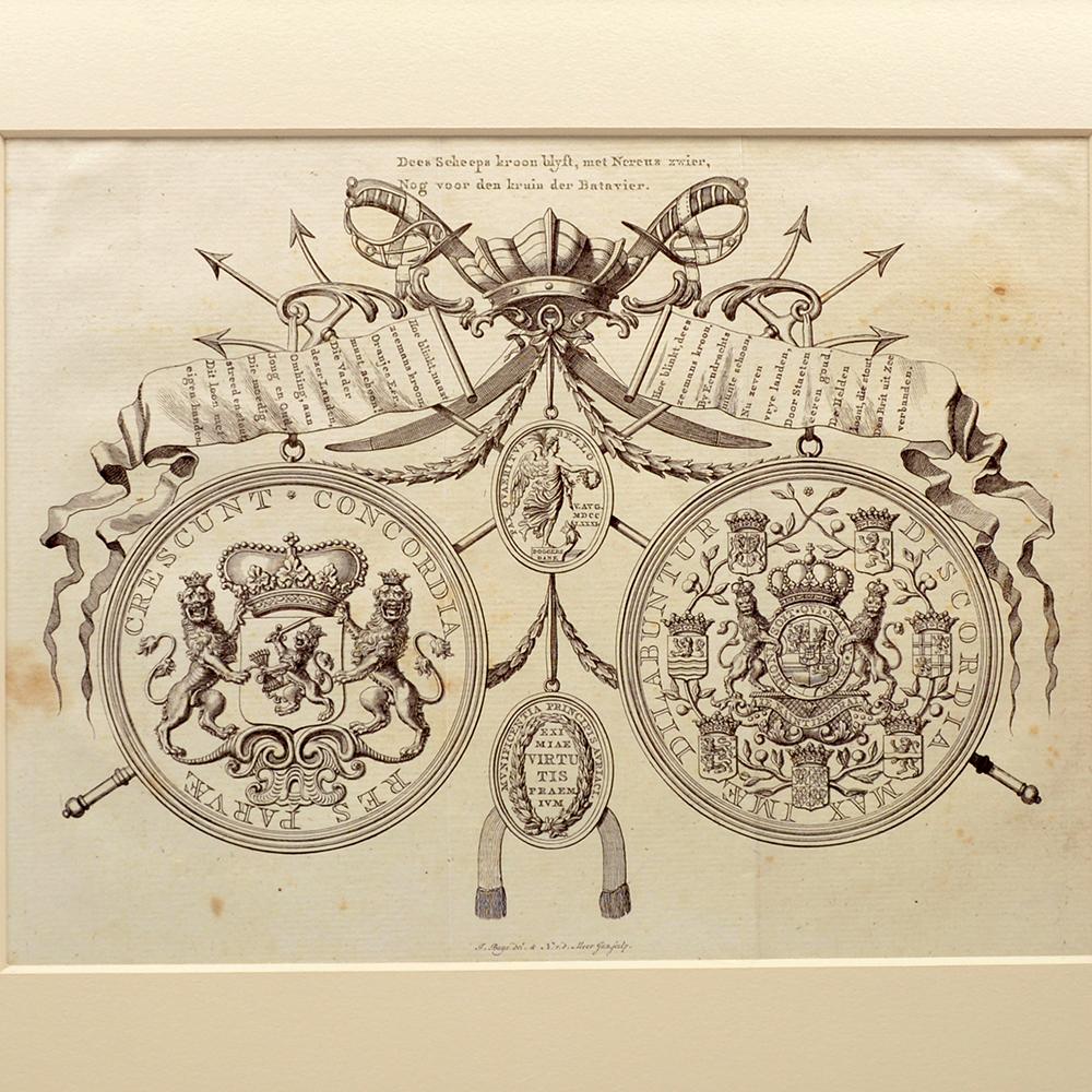 Dutch Engraving of the medal and decoration of the Sea Battle of Doggersbank 1781 For Sale