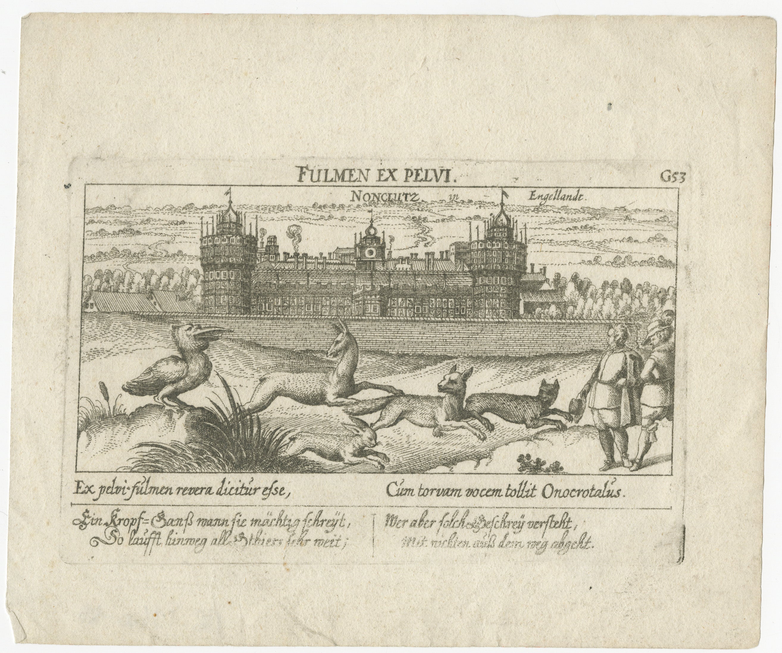 The image is an original engraving by Daniel Meisner from his work in Eberhard Kieser's 'Politisches Schatzkästlein' (Political Treasure Box), depicting the Nonsuch Palace in Surrey, England, which was commissioned by Henry VIII. This engraving is