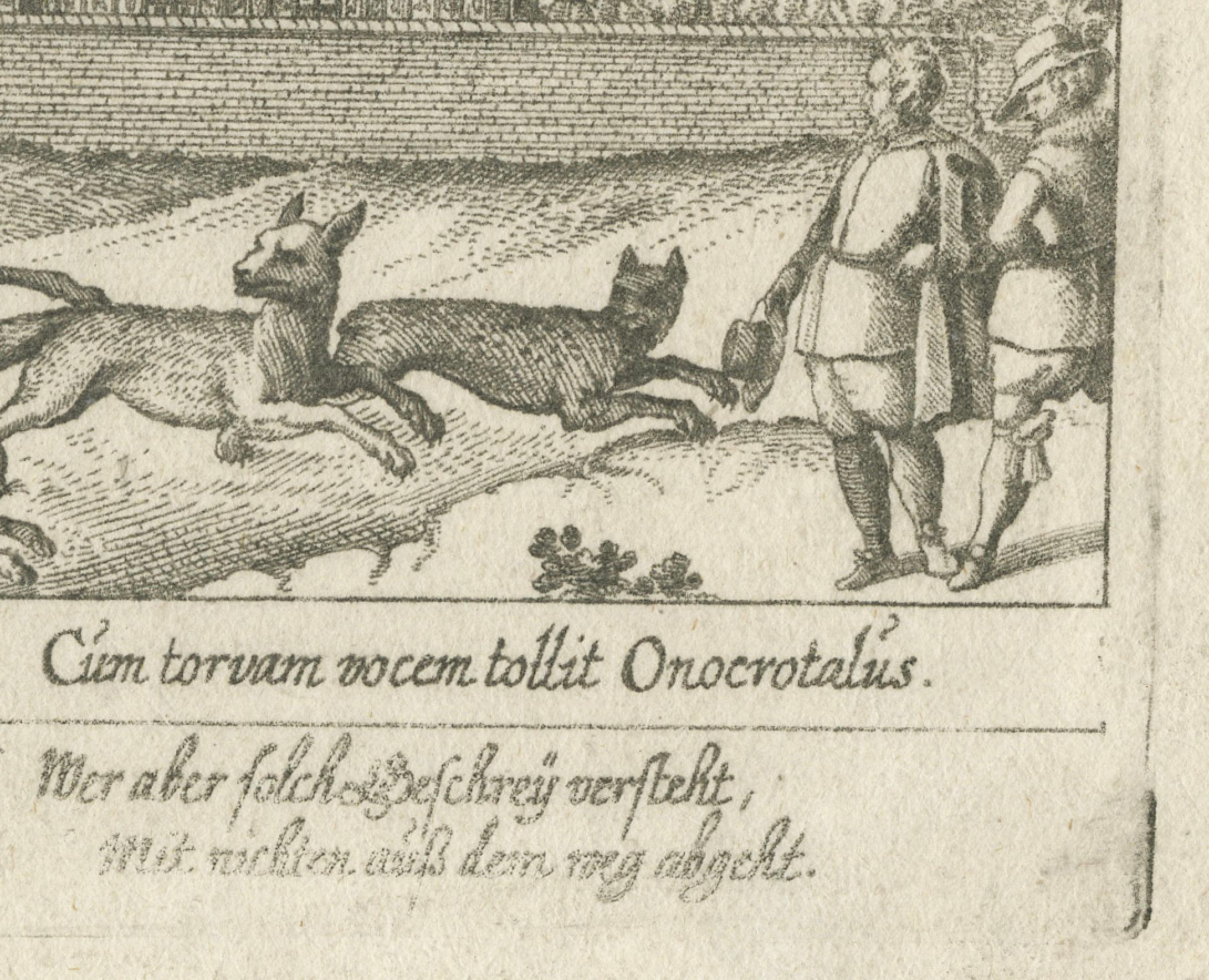 Gravur des Palastes von Henry VIII. und Jagdszene mit Windhunden, 1626 (Graviert) im Angebot