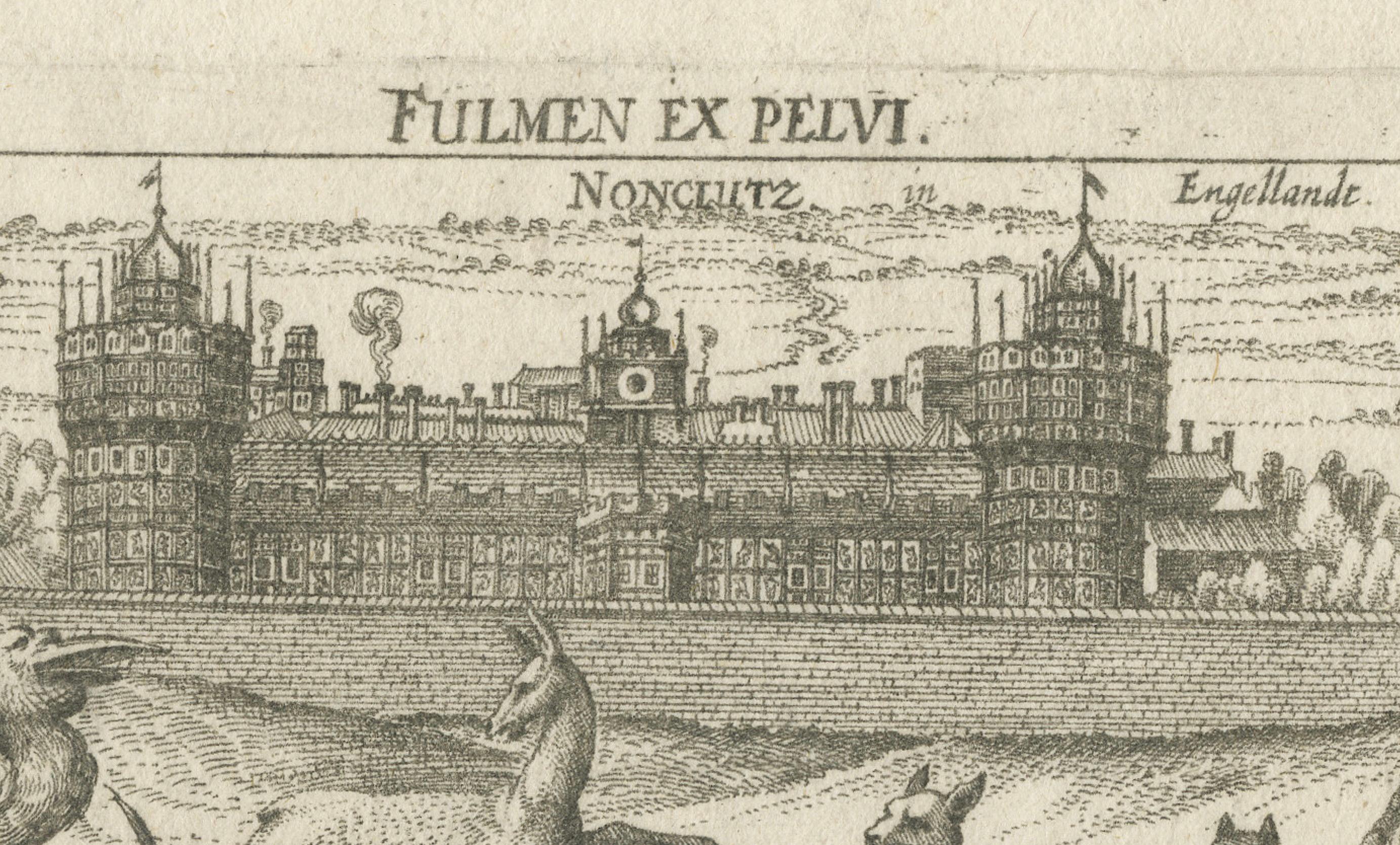 Early 17th Century Engraving of the Palace of Henry VIII and Hunting Scene with Greyhounds, 1626
