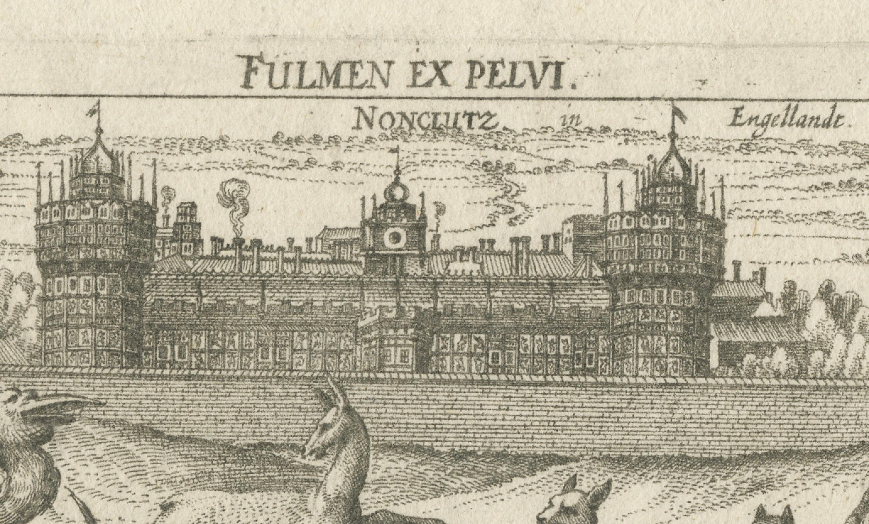 Early 17th Century Engraving of the Palace of Henry VIII and Hunting Scene with Greyhounds, 1626 For Sale