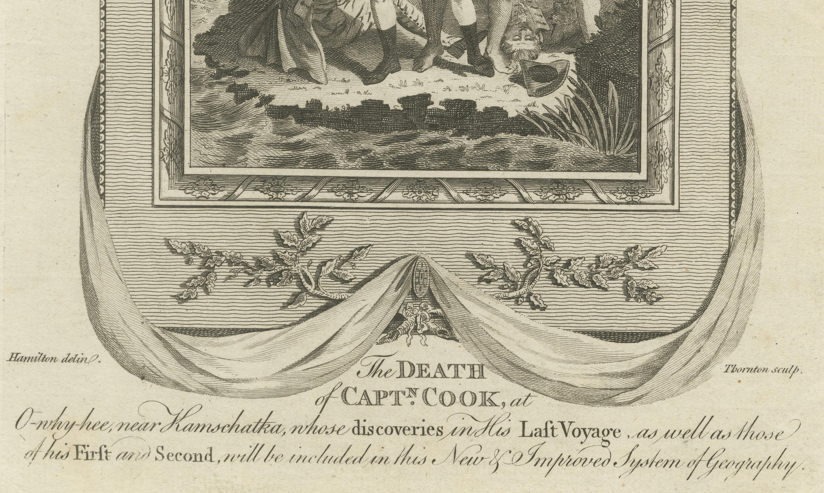 Gravur des tragischen Ablebens von Kapitän James Cook im Jahr 1779 in der Südsee (Spätes 18. Jahrhundert) im Angebot