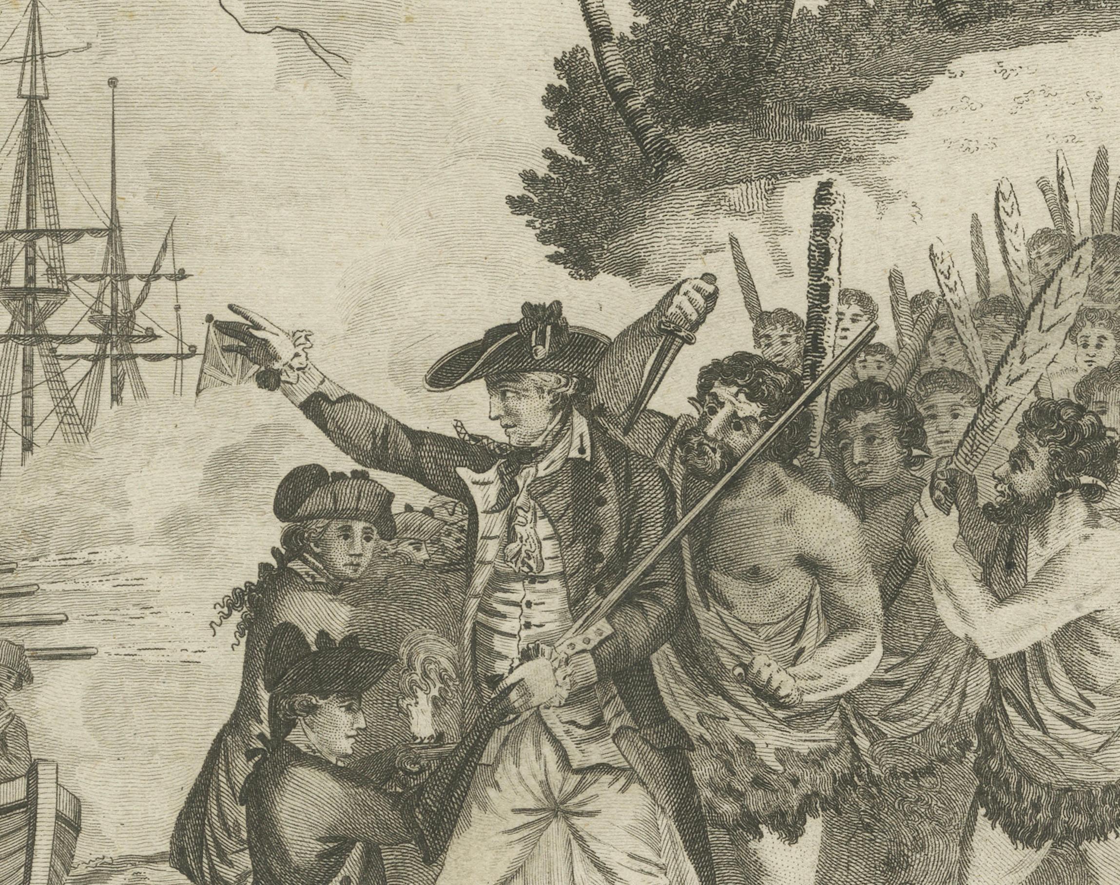 Gravur des tragischen Ablebens von Kapitän James Cook im Jahr 1779 in der Südsee (Papier) im Angebot