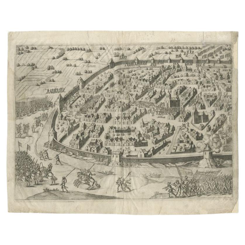 Antique map titled 'Thienen'. Old map of Tienen showing the siege of Tienen in 1588. This map originates from 'La genealogie des illustres comtes de Nassau' by Jan Jansz. Orlers.

Artists and Engravers: Jan Janszoon Orlers (1570 - 1646), Dutch
