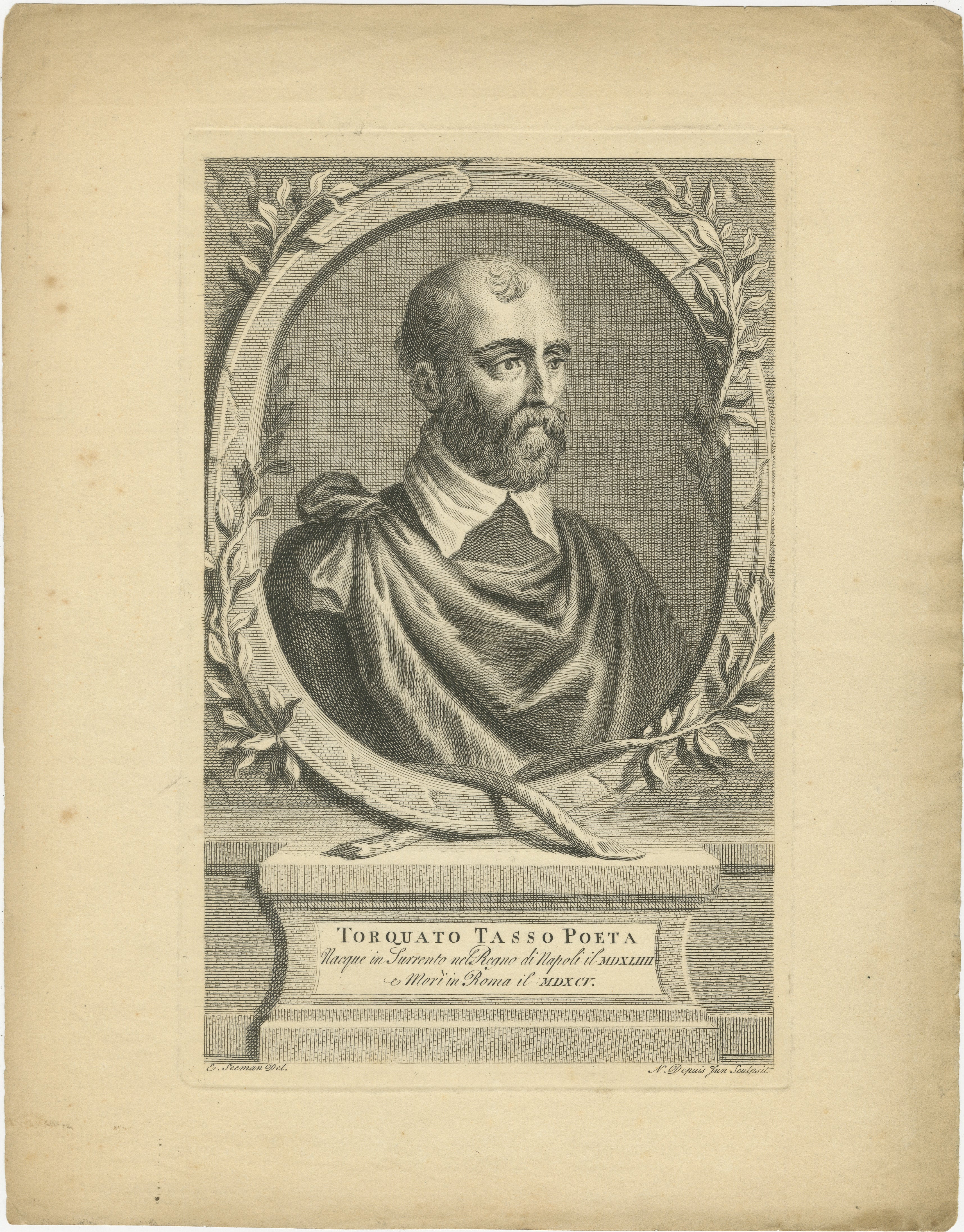 An engraving of Torquato Tasso, a prominent Italian poet of the 16th century, best known for his epic poem 