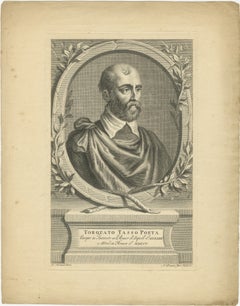 Engraving of Torquato Tasso, Prominent Italian Poet of the 16th century, 1724