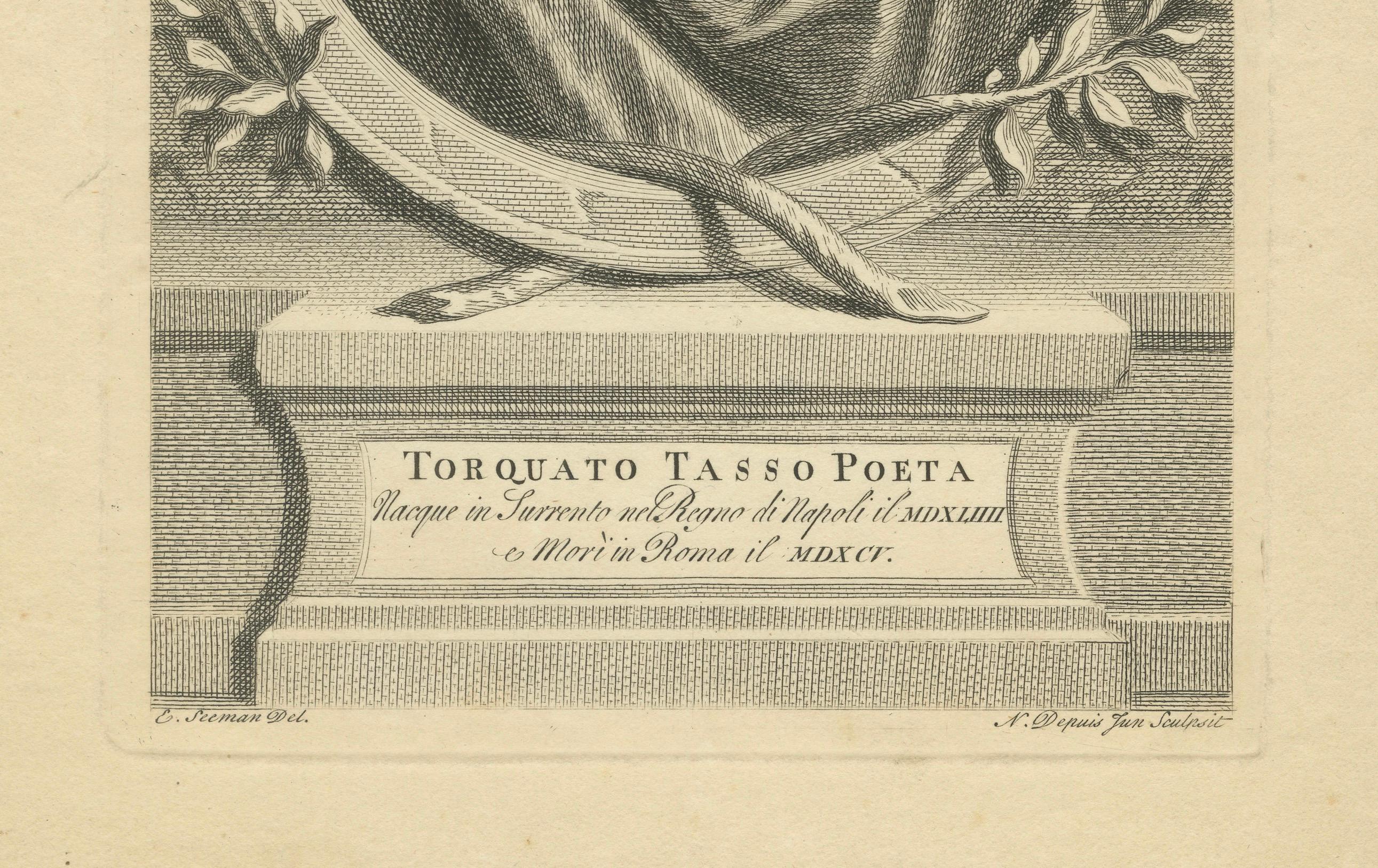 Engraving of Torquato Tasso, Prominent Italian Poet of the 16th century, 1724   In Good Condition For Sale In Langweer, NL